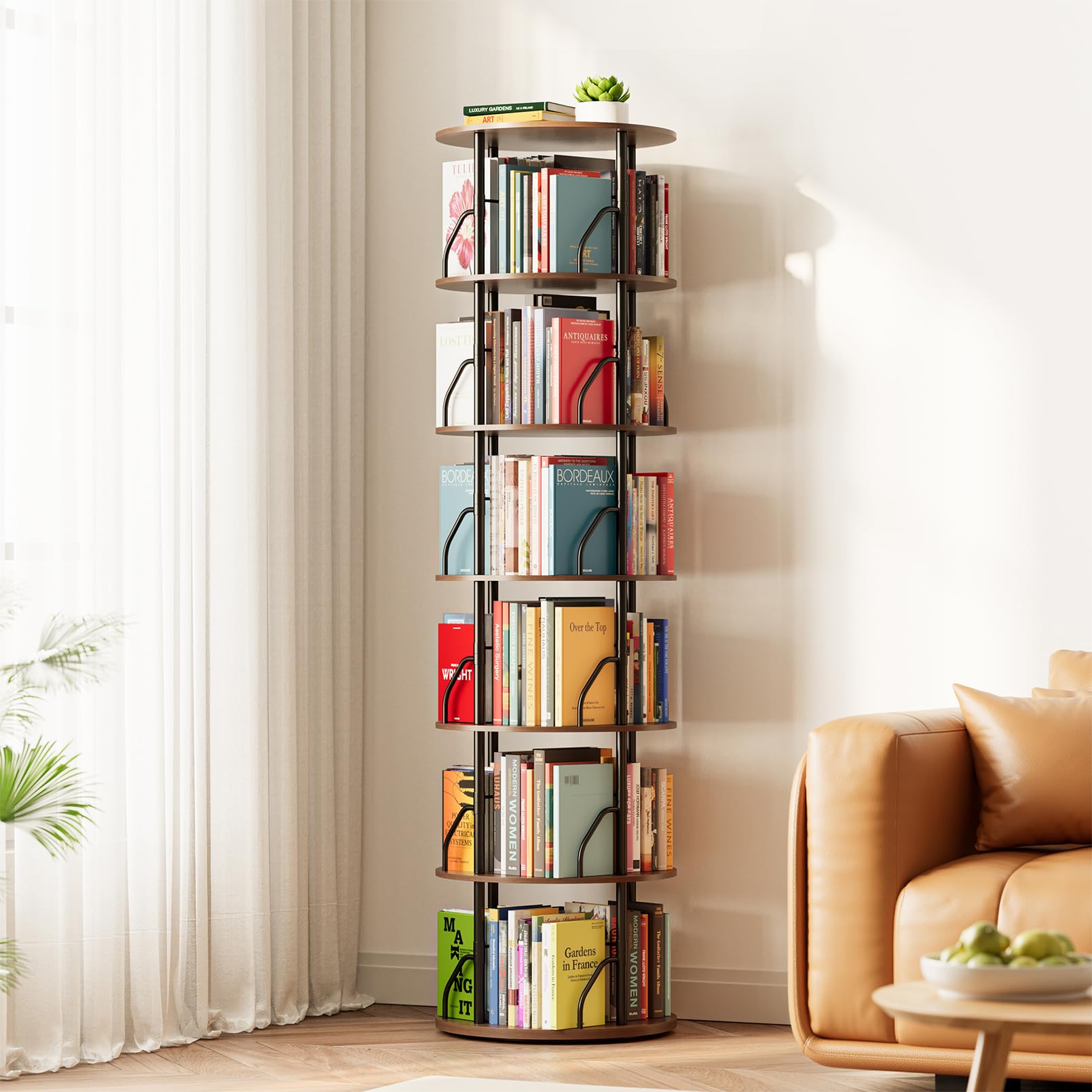 SpaceAid 6 Tier Rotating Bookshelf Tower, 360 Display Stackable Spinning Bookcase, Space Saving Revolving Round Book Shelf, Floor Standing Swivel
