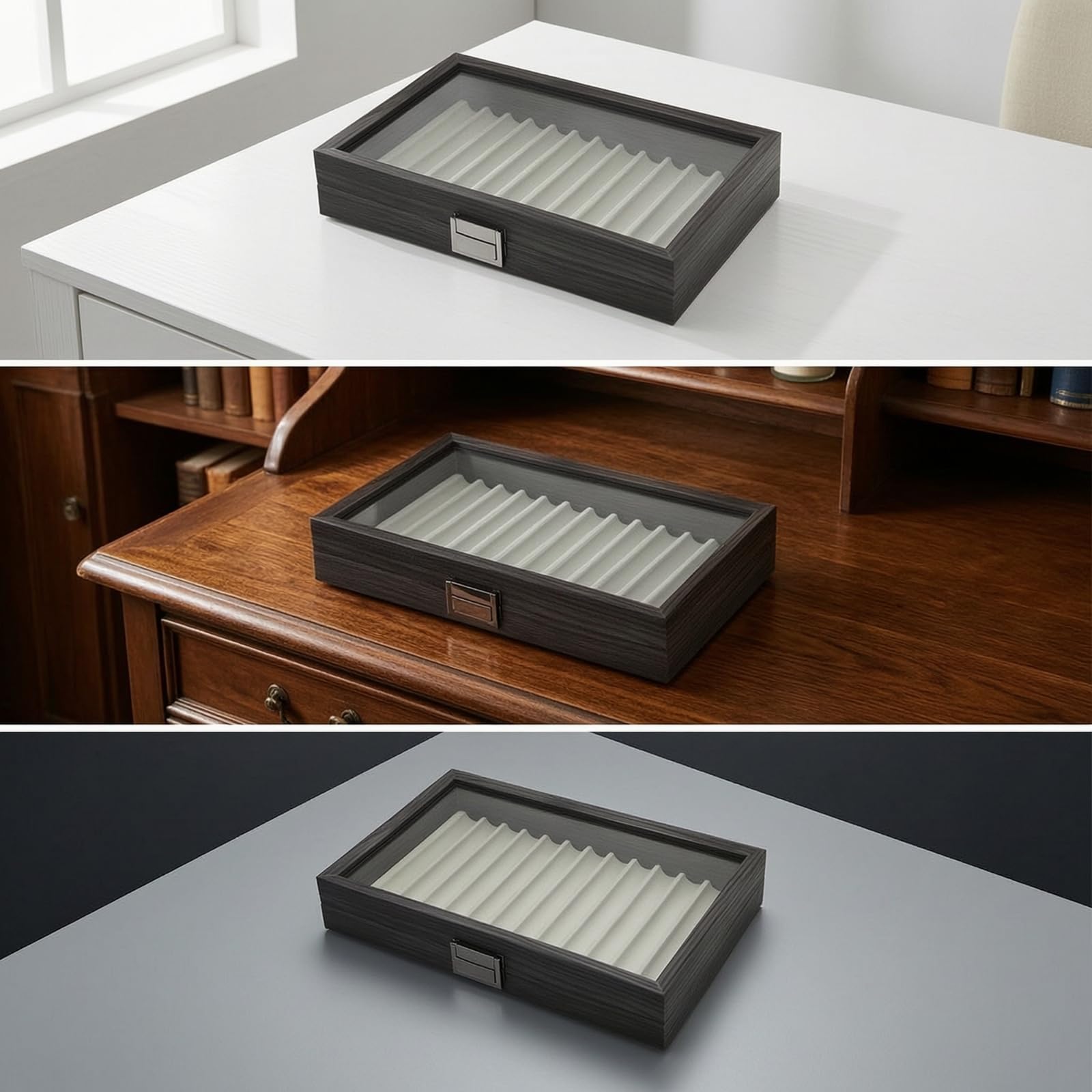 Stifte-schatulle mit 12 fächern dekorativ Stiftaufbewahrungsbox mit 12 fächern elegant Stiftebox sichtfenster für Schreibtisch, Präsentation, Büro, Ebenholz Holzoptik