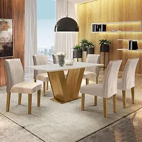 Conjunto Sala de Jantar Mesa Tampo MDF 6 Cadeiras Espanha Yescasa Ypê/Chocolate/Off White