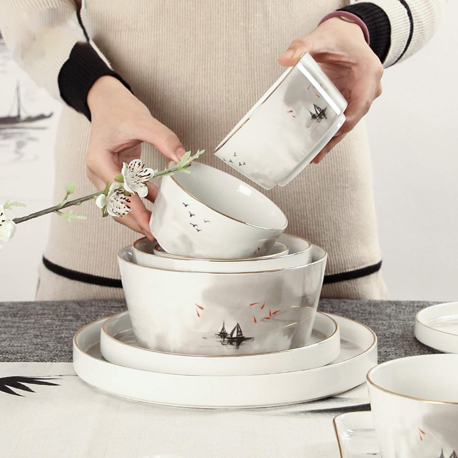 Klasyczna zastawa stołowa z ceramiki, zestaw naczyń ceramicznych, porcelanowy zestaw obiadowy z obrazem pejzażowym 48 szt. | Zestaw misek do płatków śniadaniowych i talerzy do steków