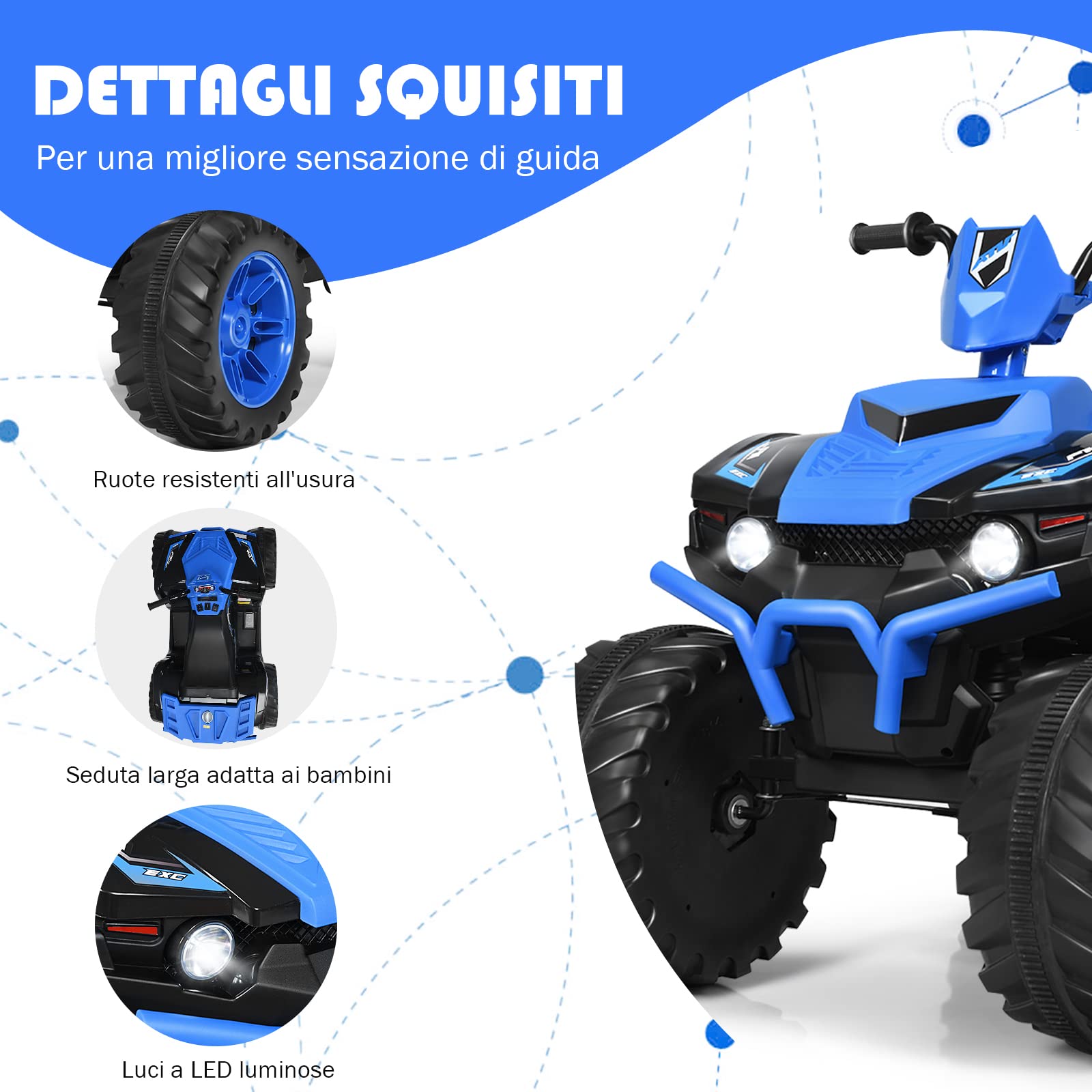 Costway 12V Quad Elettrico per Bambini, Auto Elettrica Cavalcabile con Luci LED e Musica, 5km/h, 3-7 Anni Blu