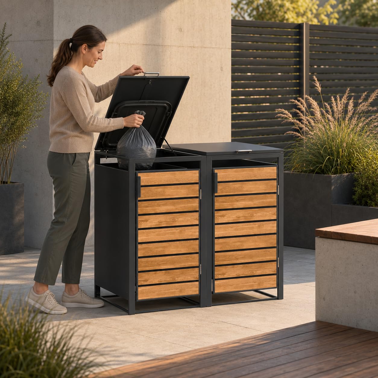 JOMO Mülltonnenbox 2er 120L mit Holzoptik, Mülltonnenhaus aus verzinktem Stahl für 2X 120L Tonne, wetterfeste Mülltonnenverkleidung mit Holzdekor, stabile Müllbox mit Belüftung