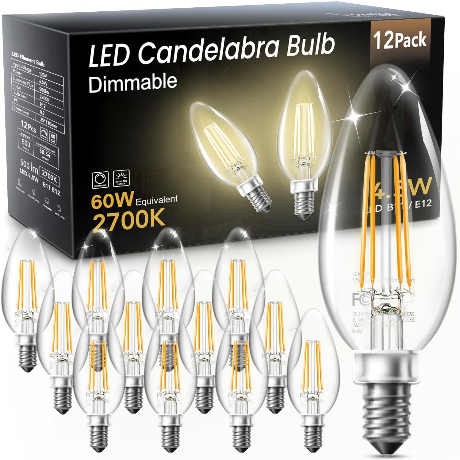 VOLIVO E12 B11 LED Candlestick Bulbs, 60W Eq, 2700K, Dimmable, Pack of 12 | Candle Shape, 500LM, 4.5W Energy Saving, Transparent Glass, Vintage Filament, Chandelier and Ceiling Fan Use-image-34