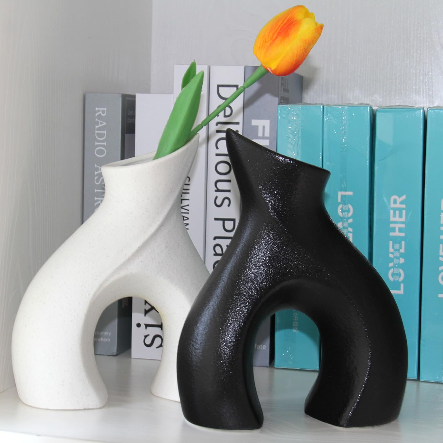 Photo 1 of 2 Black and White vase Sets, Minimalist Matte Art Handmade Decorative vase, Abstract Modern Style Living Room,Bathroom, Dining Room,Dining Table, Office Decoration (Width 6.3 "x Height 7.8") Light White