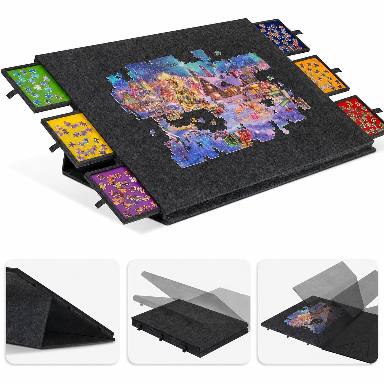 Tavolo Puzzle 2000 Pezzi, Puzzle Portatile con 6 Cassetti | Custodia Leggera in Feltro Contenitore Portatile per 2000 Pezzi Tavolo Puzzle Ribaltabile per Adulti e Bambini (Nero)