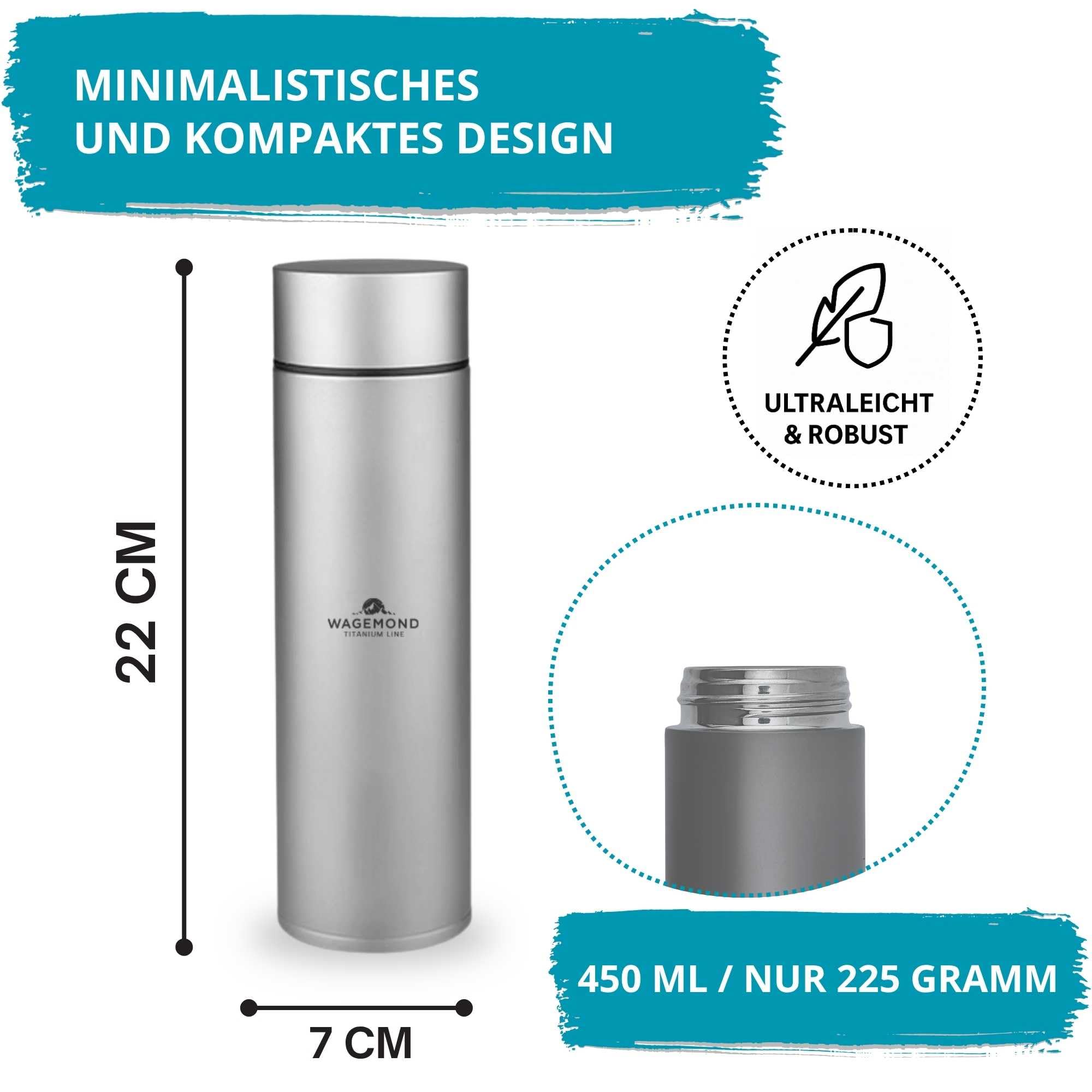 Titan Thermosflasche 450 ml – ultraleicht & doppelwandig isoliert | 100% Titan, geschmacksneutral & BPA-frei | inkl. Teesieb & Naturbürste | für Alltag, Reisen & Outdoor