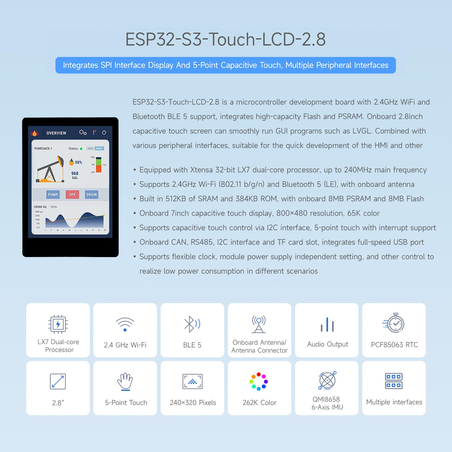 Waveshare ESP32-S3 2.8inch Capacitive Touch Display Development Board, 240x320, IPS, 5-Point Touch, 32-Bit LX7 Dual-Core Processor, Up to 240MHz Frequency, Supports WiFi & BT, Onboard Antenna