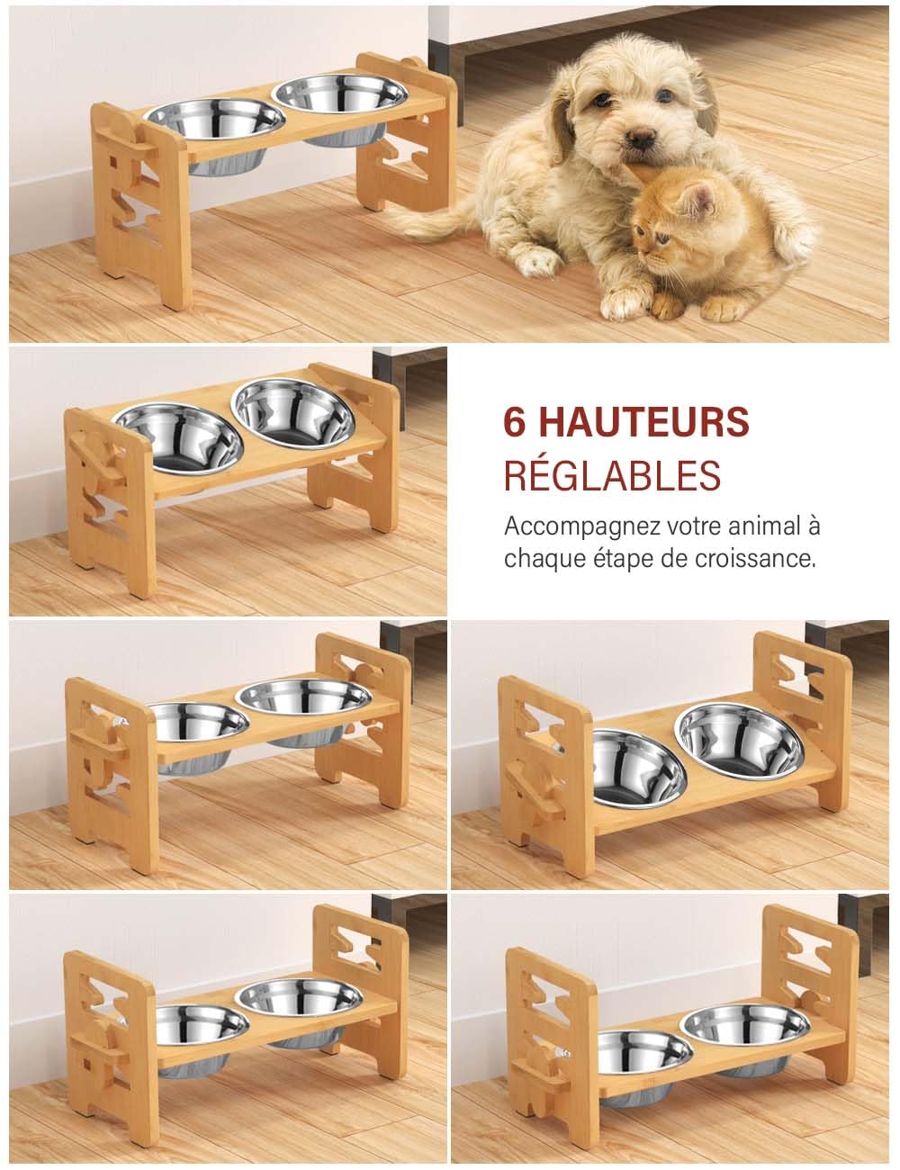 Vantic Gamelle Chien Surelevee de 6 Hauteurs Ajustables, Support Gamelle Chien Surelevee, Station d'alimentation en Bambou avec 2 Bols en Acier Inoxydable