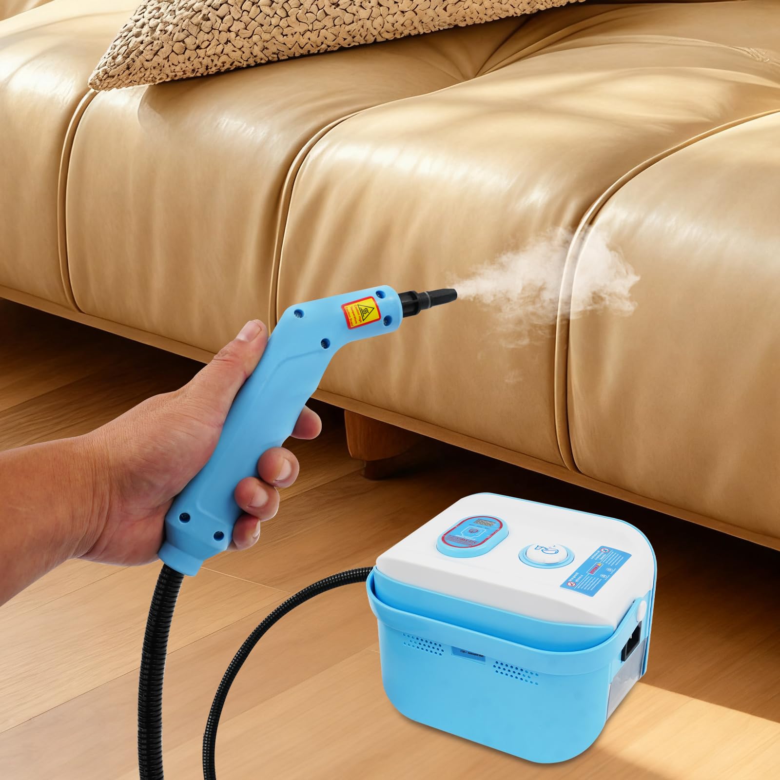 Myjka parowa 1500 W, ręczna myjka parowa z ciśnieniem 4,5 bar i 6 końcówkami, ogrzewanie 13 sekund, wąż 2 m, zbiornik 1,2 l, do gospodarstwa domowego, kuchni, łazienki, tapicerki, płytek (błękitna)