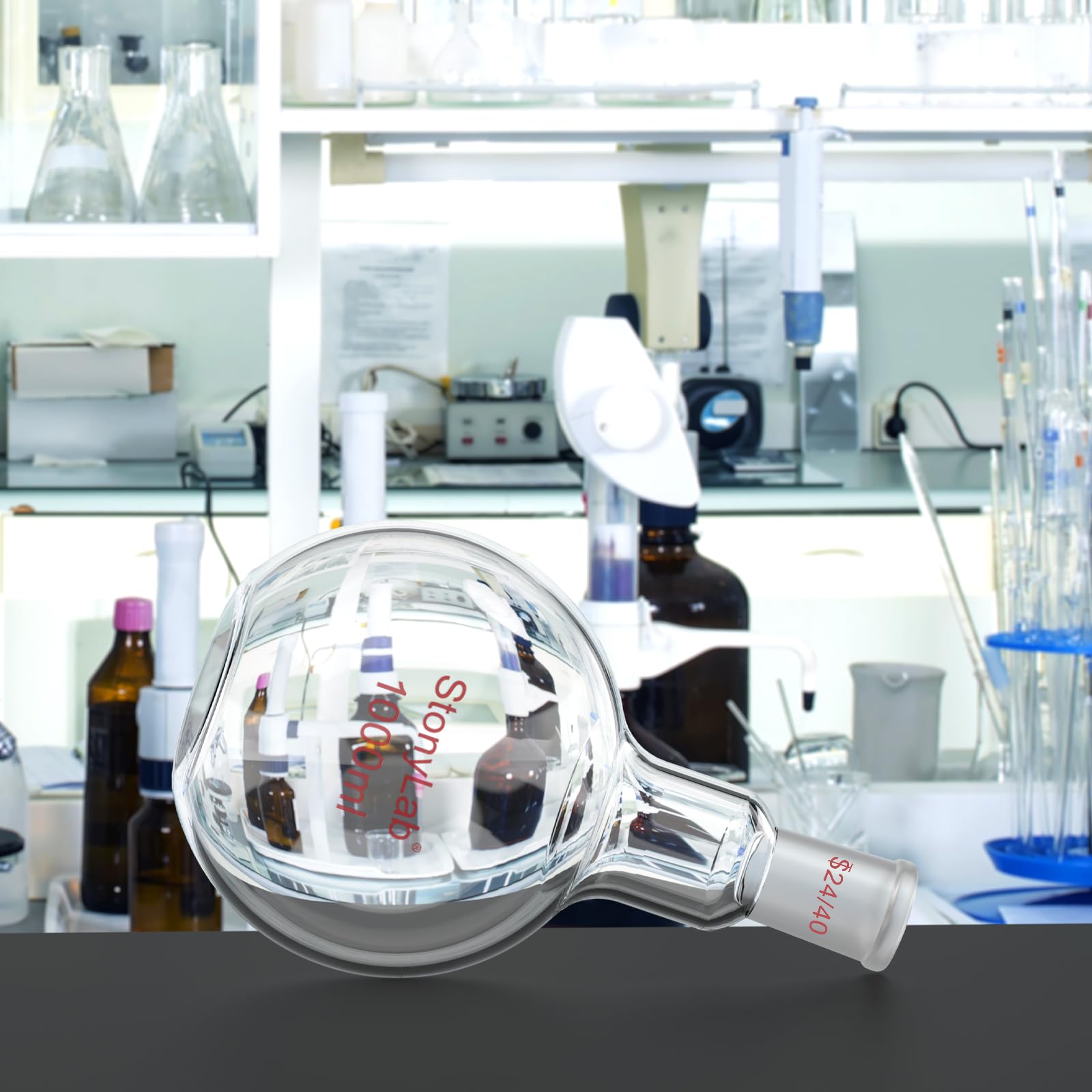StonyLab Borosilicaté Verre Simple cou Fond plat Ébullition Flasque, Ballons de Laboratoire Single Neck Flat Bottom Boiling Flask avec 24/40 Standard Cône Joint Extérieur - 1000ml