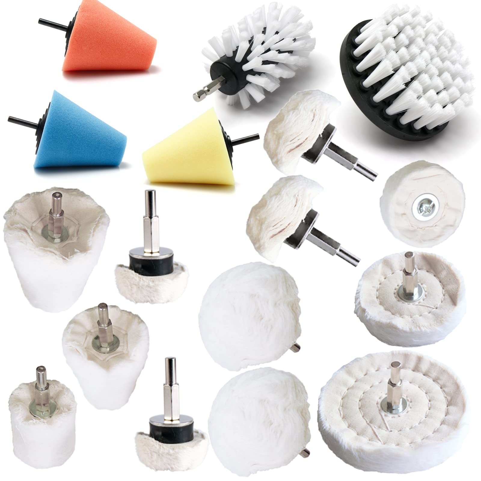 Juego de 17 ruedas pulidoras para taladro para metal de aluminio, acero inoxidable, cromo, madera, plástico, vidrio, cerámica, madera, tela, algodón, joyería, etc