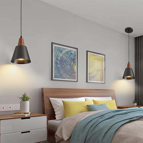 Miniatura 7 de Paquete de 2 luces colgantes, luces colgantes negras para isla de cocina, cúpula de madera, luces colgantes industriales minimalistas para isla de