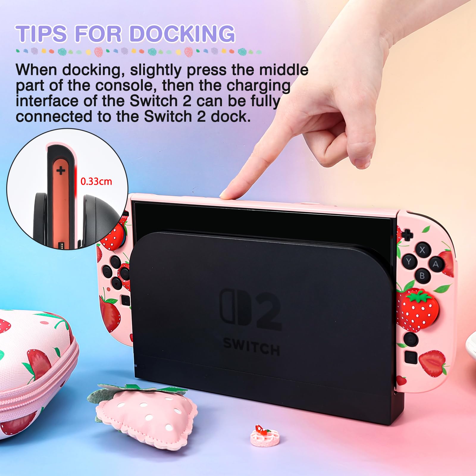 DLseego Tragetasche für Switch 2,Rosa Tragbar Reise Spiel Tasche,Thema Erdbeere Zubehör mit NS 2 Dockbare Schutzhülle,2PCS Daumen Griff Kappen und 1PC Charme,Groß Erdbeere