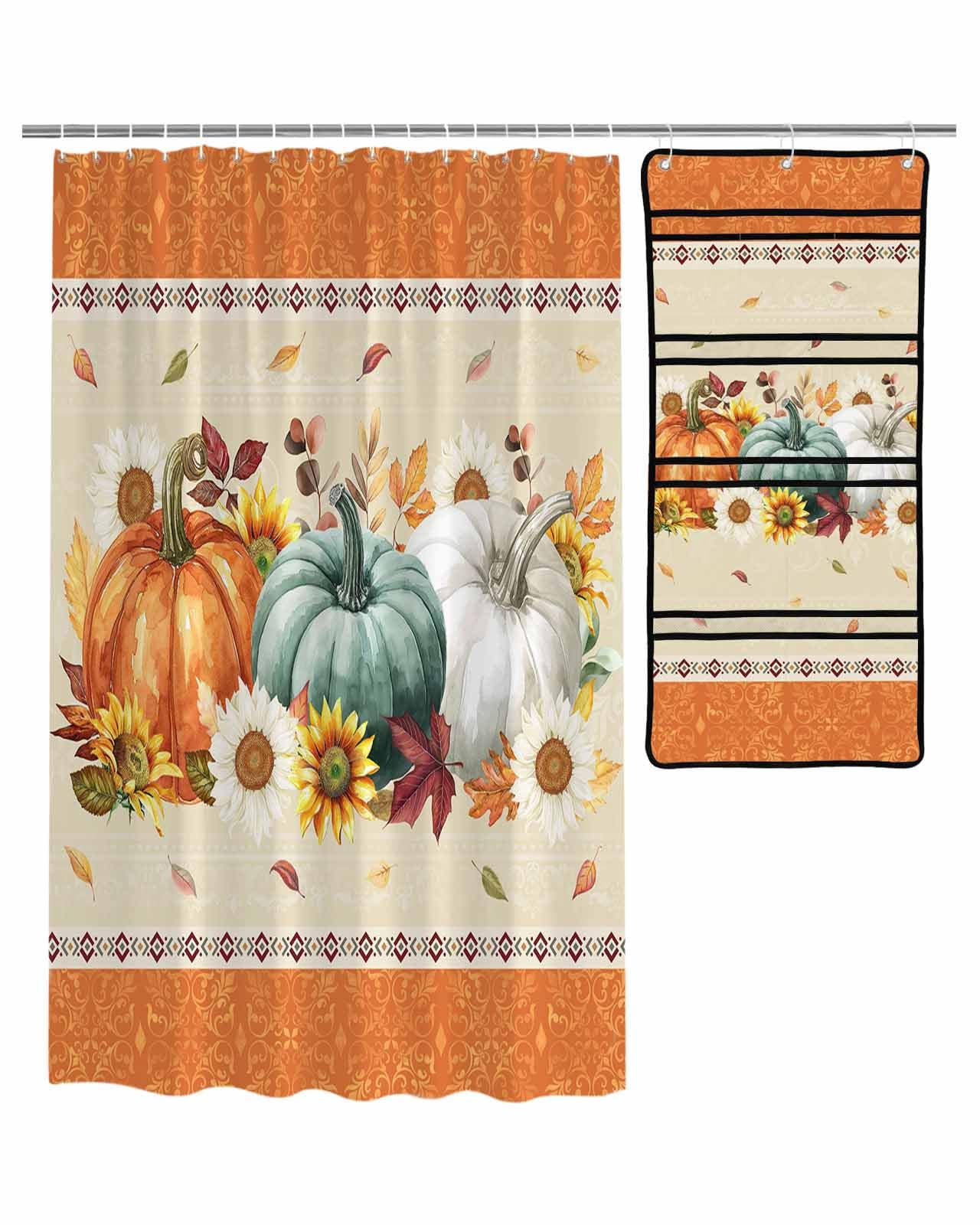 Decorative Shower Curtain Sets Fall Fabric Waterproof Shower Curtains Vintage Autumn Pumpkin Sunflowers Leaf Textured Orange Mesh Shower