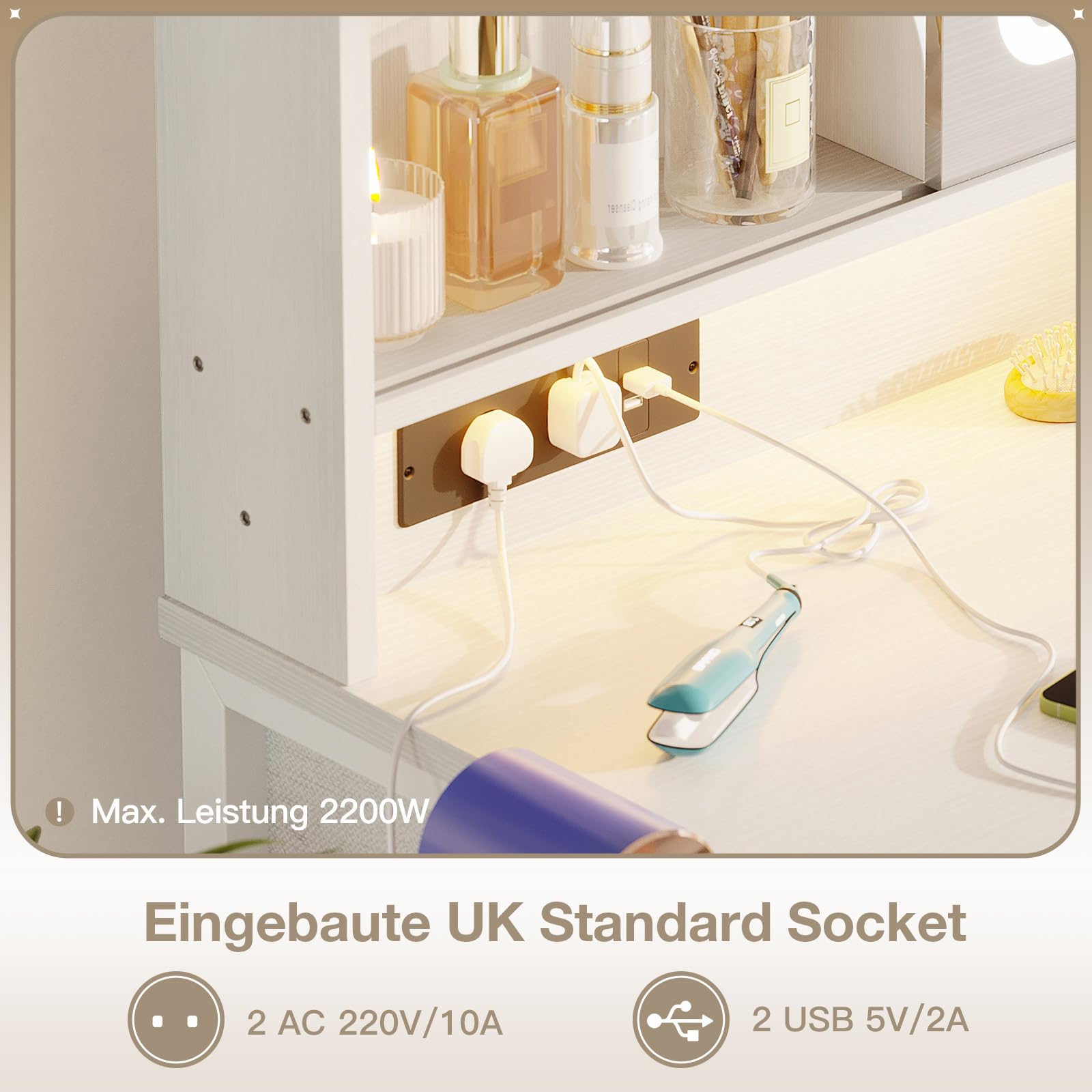 ODK Schminktisch mit Bewegbarem LED-Spiegel, Eingebauten USB-Steckdosen & RGB-Lichtleiste, 8 Schubladen, Weißer Schminktisch 110×40×137cm