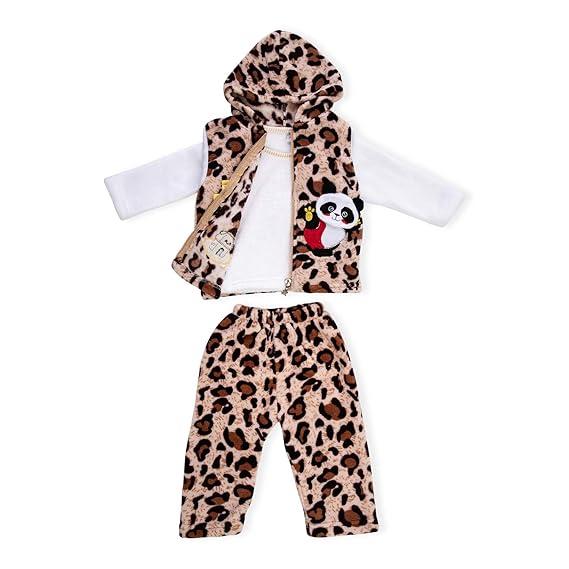 Bold N Elegant White Fur Animal Print Trio 3 Piece pc Winter Baby Boy Girl Clothing Set Full Sleeve T-Shirt with Hood Jacket N Pant Pyjama for Little Kids