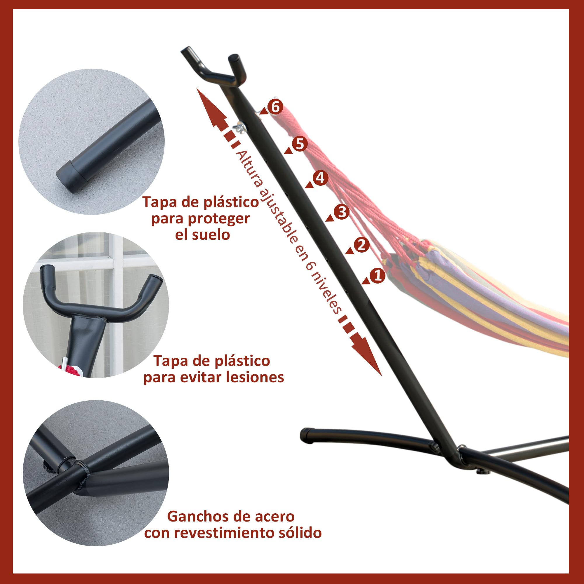 Outsunny - Soporte de pie de hamaca (estructura resistente de metal epoxi), color negro y altura regulable 6 niveles de altura. 2,80 x 1,20 x 1,10 m