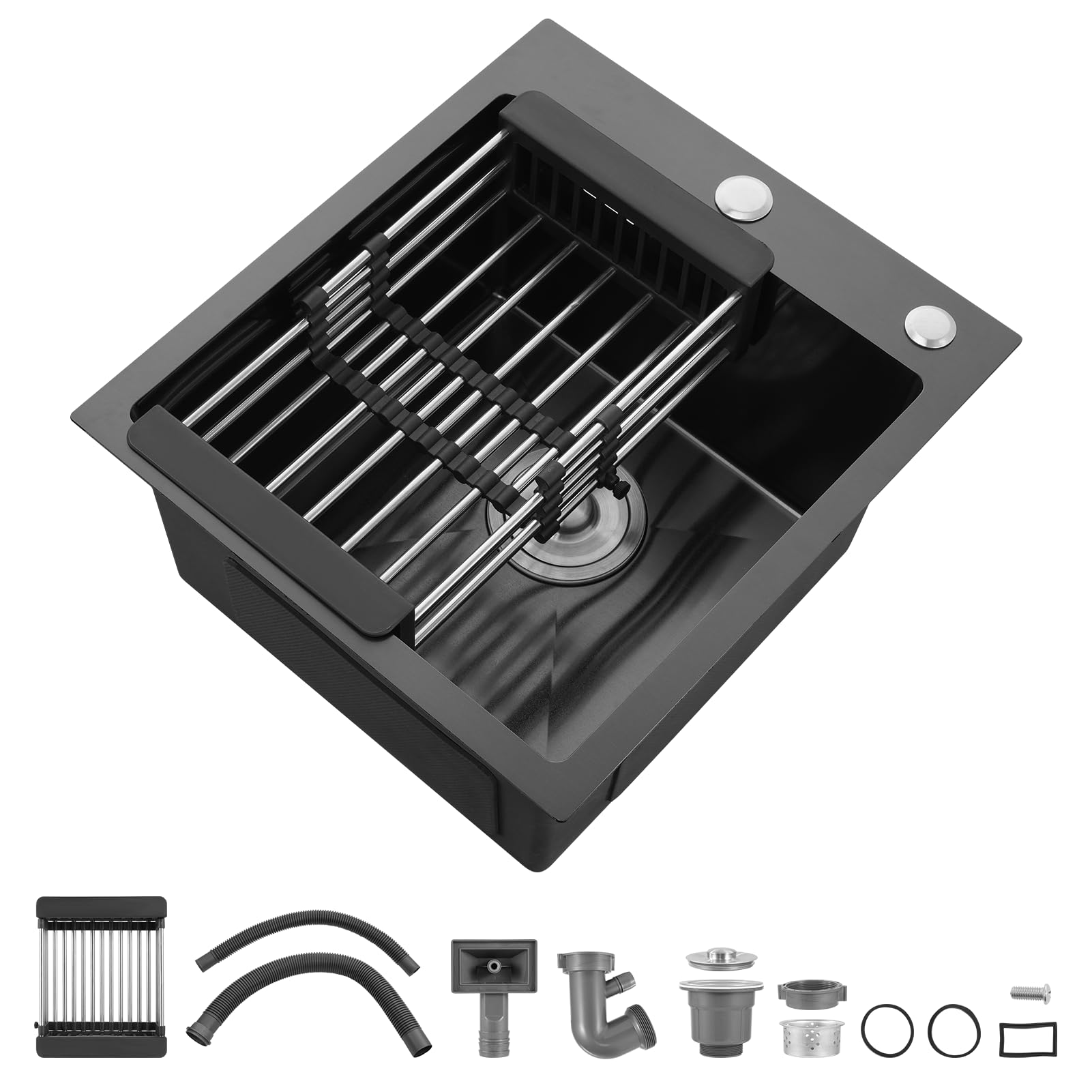 WIQUYBML Stainless Steel Single Bowl Drop in Kitchen Sink with Drain Basket and Multiple Accessories 45 * 50cm Square Black Topmount Workstation