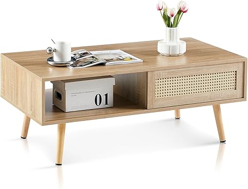 Miniatura 7 de Mesa de centro rectangular moderna con almacenamiento, mesa central de madera de mediados de siglo de 41.34 pulgadas con panel de puerta de ratán de