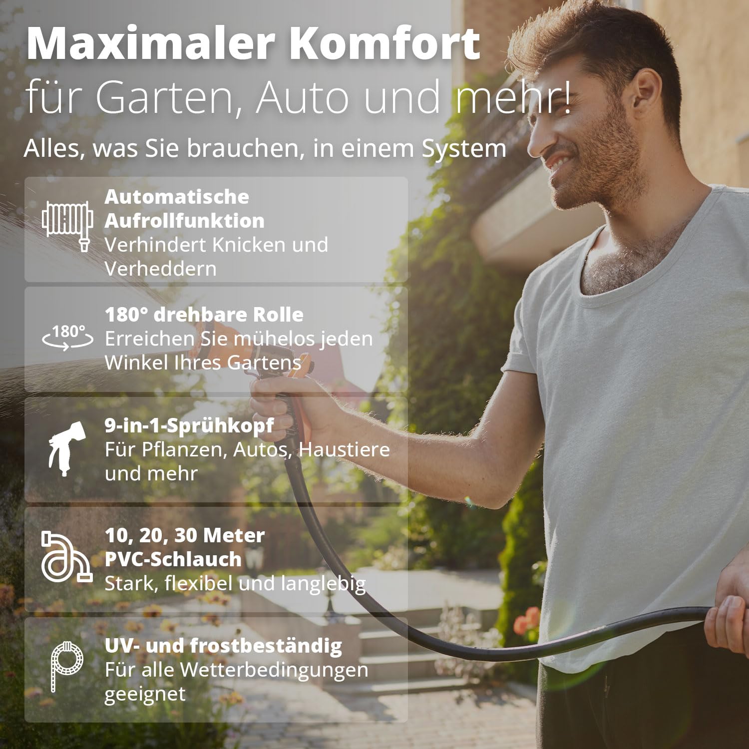 FlinQ 20m Schlauchtrommel Wandmontage - Orange | Gartenschlauch Trommel Automatik 180° Schwenkbar - Schlauchaufroller Wasser mit 9 Funktionen Sprühkopf