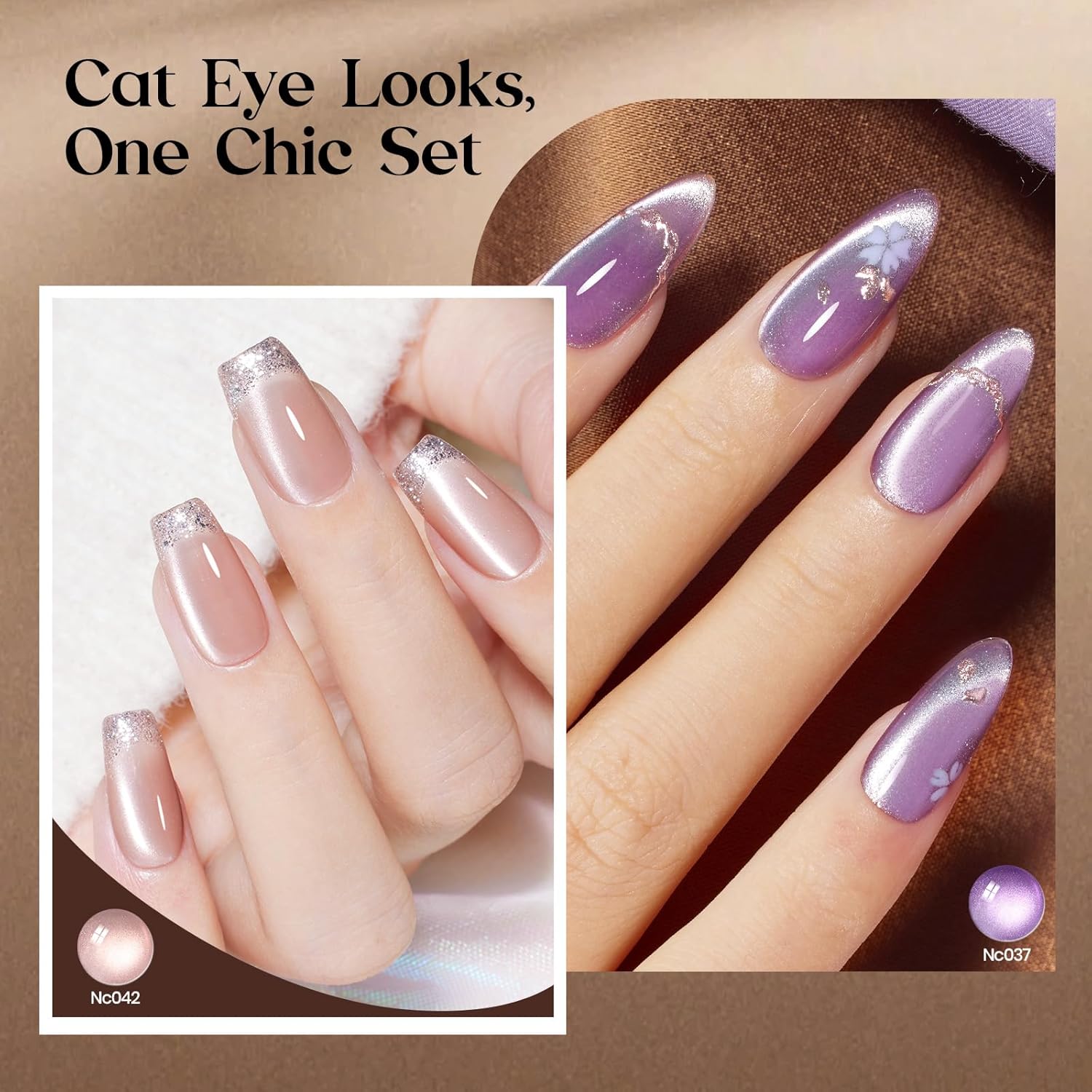 Beetles Cat Eye Gel Nail Polish Set - 10 Colors Glitter Cat Eye Glint Gel Polish Kit Silver Nude Pink Blue Brown Purple Magnetic Shine Soak Off UV French Nail Art Salon DIY Manicure Gift for Women