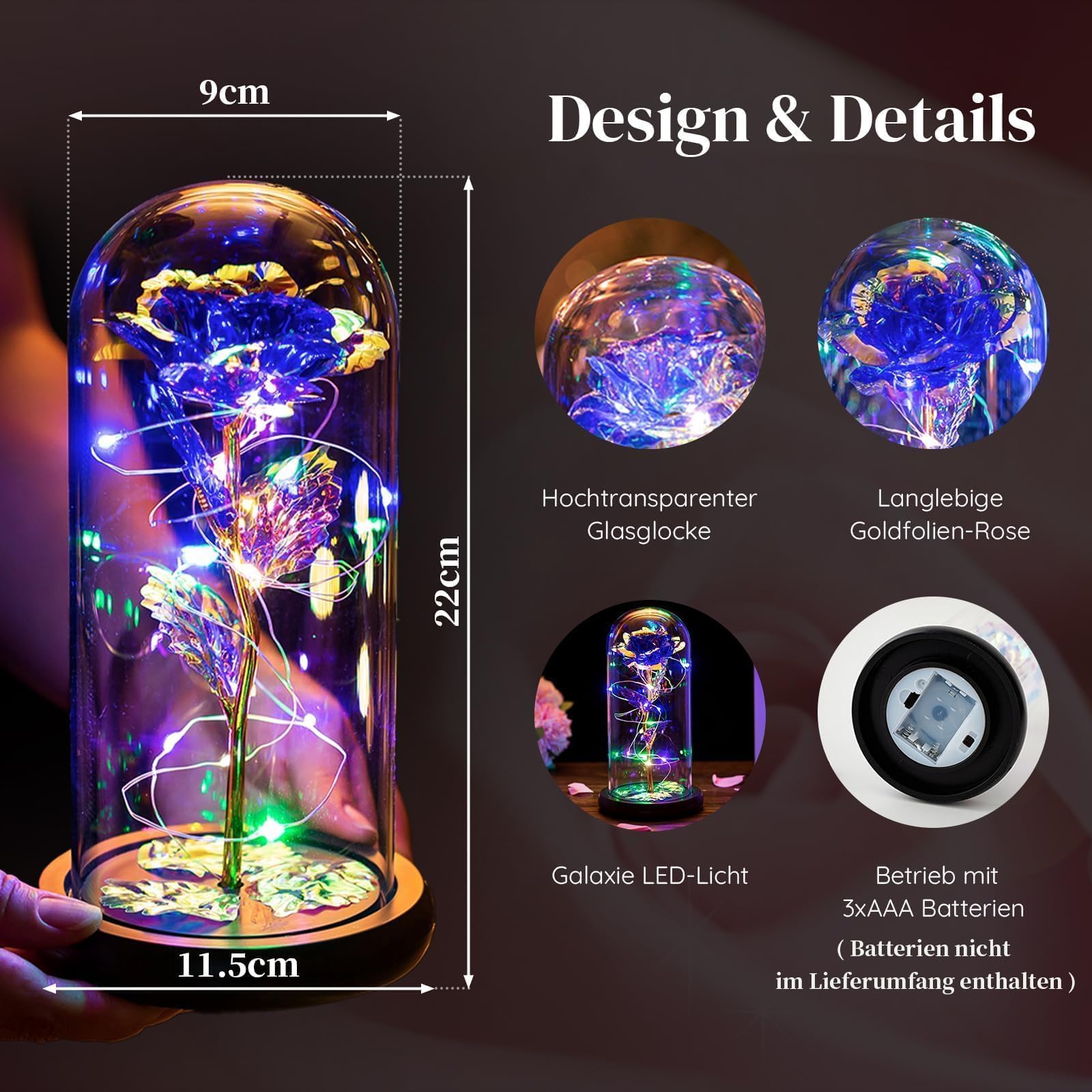 Glasseam La Bella Y La Bestia Rose En Cúpula De Cristal Luces LED Crystal Rose Flowers Regalo para Cumpleaños Aniversario San Valentín Boda Novia Esposa Mujeres