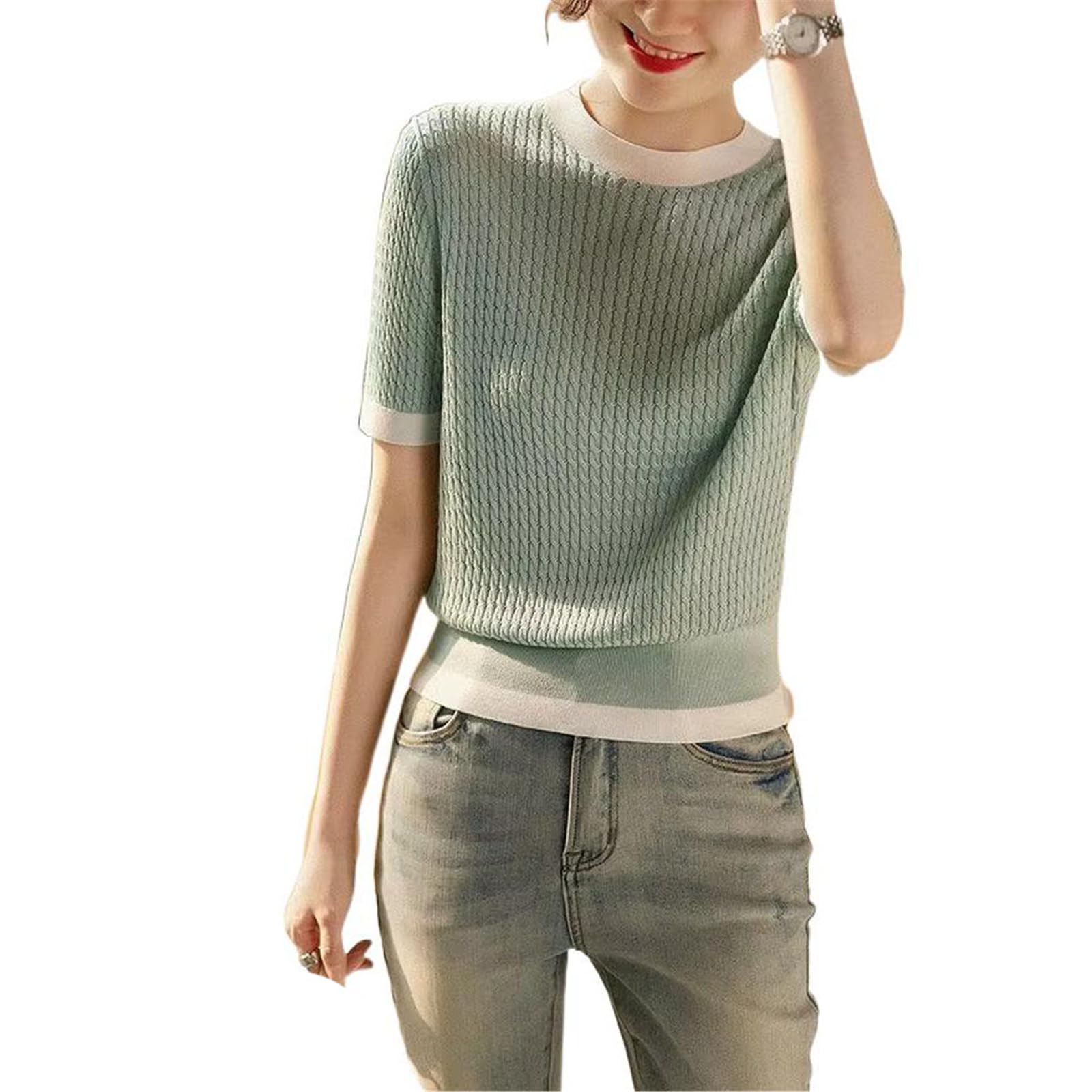 T-Shirt a Maglia Casual Donna, Top Morbido Collo Alto per Vacanze Estive
