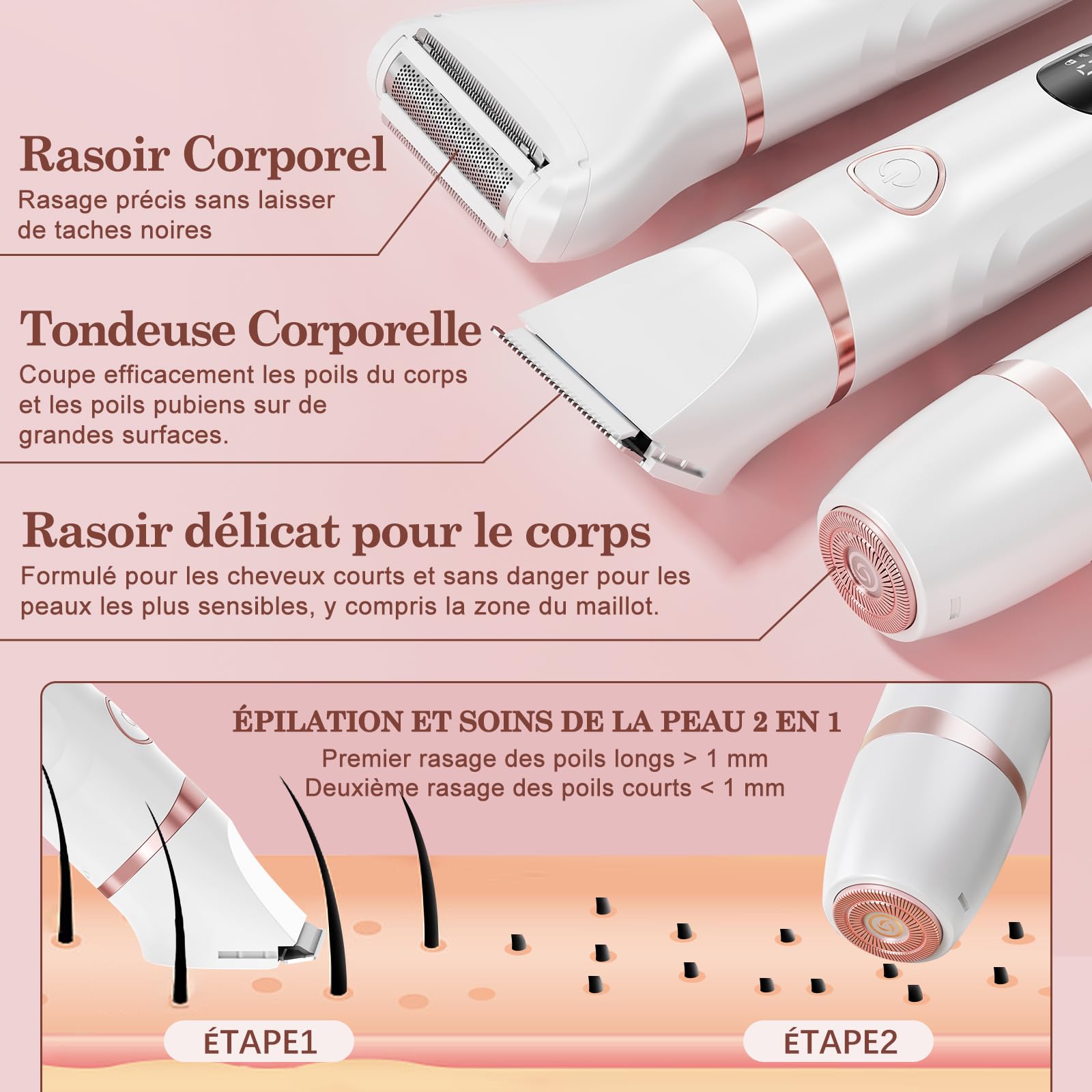 Rasoir Electrique Femme 3-en-1, MAXGROOM Tondeuse Intime Femme Humide/Sec, Rasoir Électrique avec Affichage LED & Lame Céramique, Tondeuse Bikini pour Visage Aisselles Jambes Corps, 90 min d'autonomie