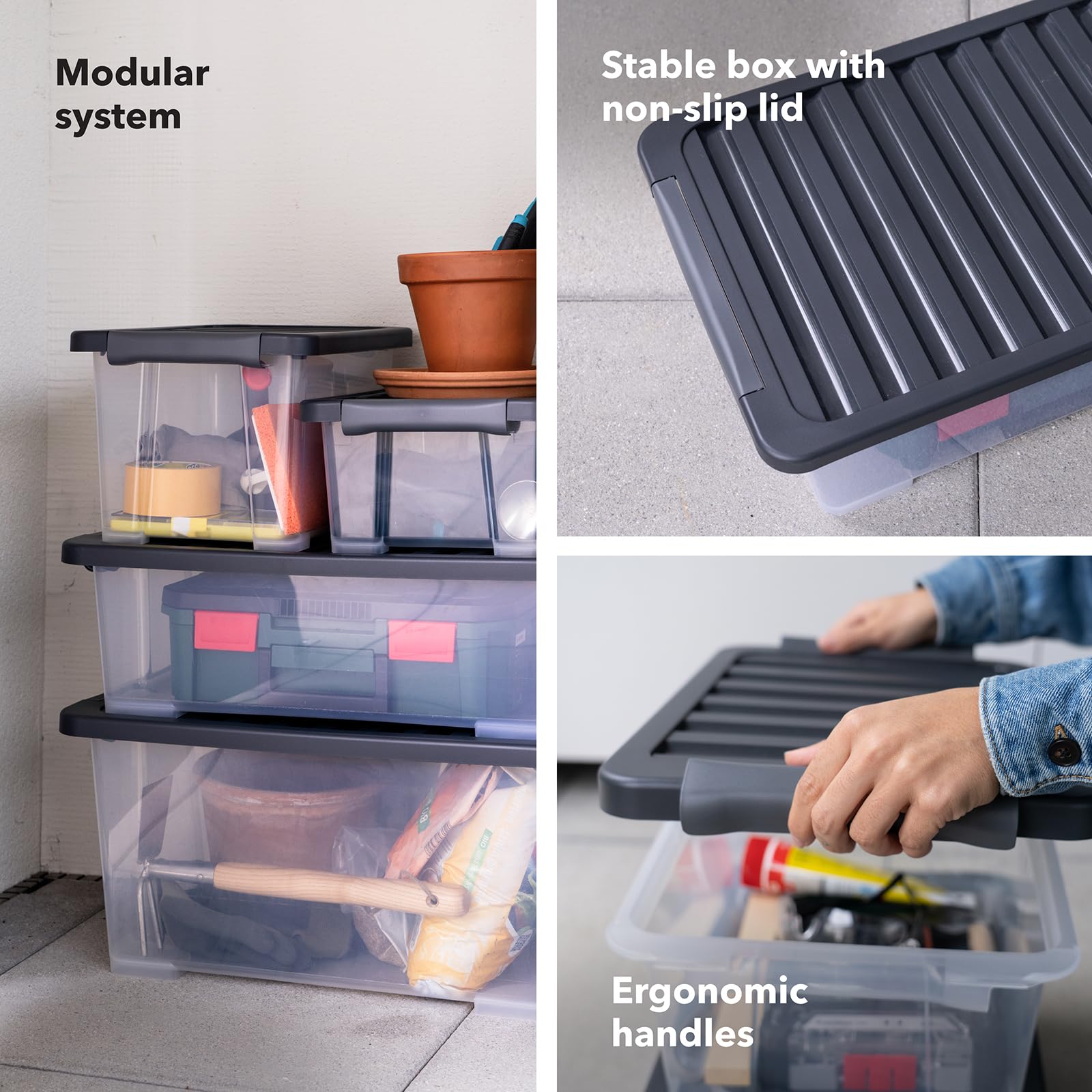 Rotho 4er-Set Core Plus Aufbewahrungsboxen mit Deckel 44l - Boxen Stapelbar | Transparente Kunststoffkiste 59x39,5x28 cm mit Griffen für Keller & Büro, 44 Liter Ordnungssystem mit App-Anbindung