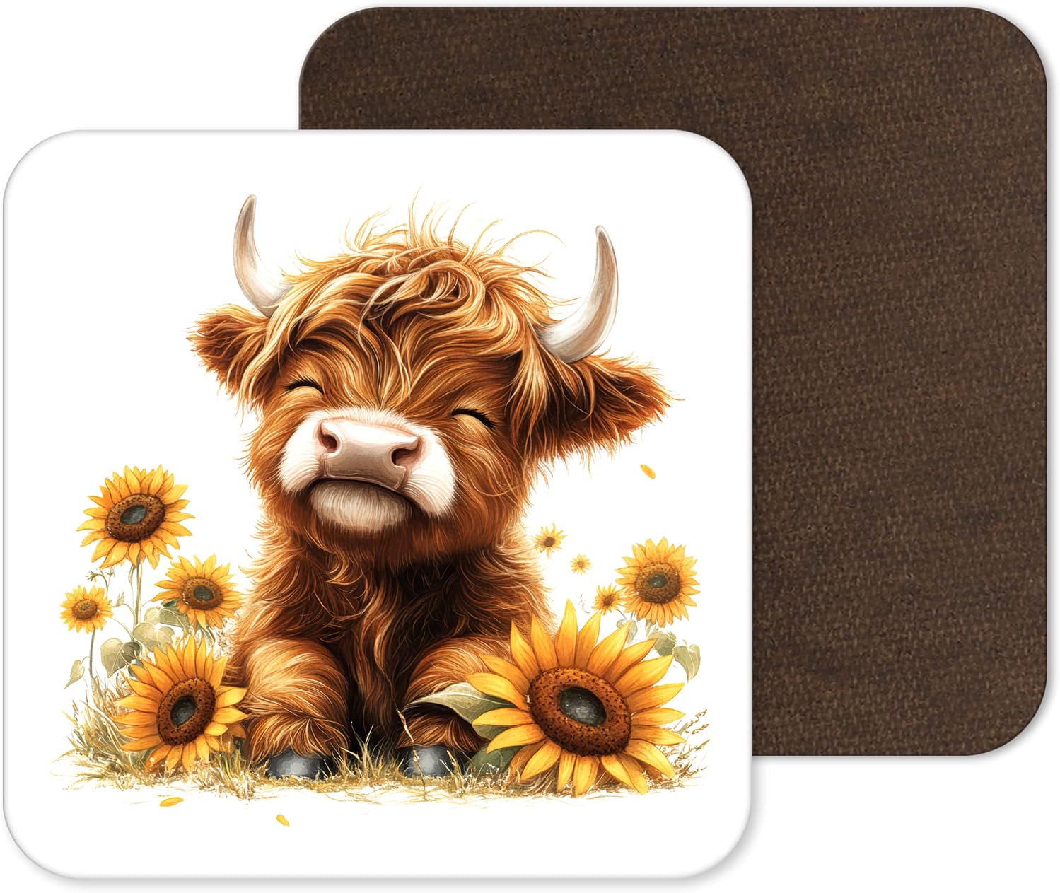 Top Banana Gifts Design 5 Funny And Cute Highland Cow Coasters - 25 Designs - Funny Retro Square Wooden Coaster (Design 5)