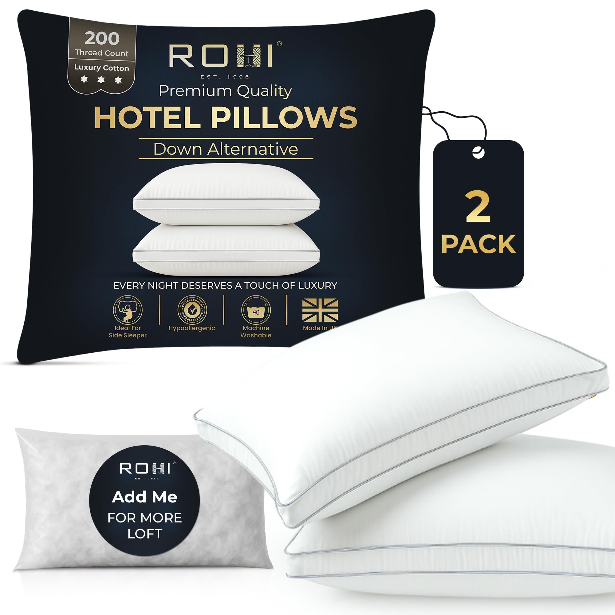 Rohi Hotel Quality Pillows 2 Pack with Extra Down Alternative Filling – 2 Inch Thick Gus...