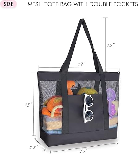 Miniatura 2 de Paquete de 2 bolsas de malla ligeras para playa, a prueba de arena, con cremallera y bolsillo doble para comestibles, junto a la piscina, viajes,