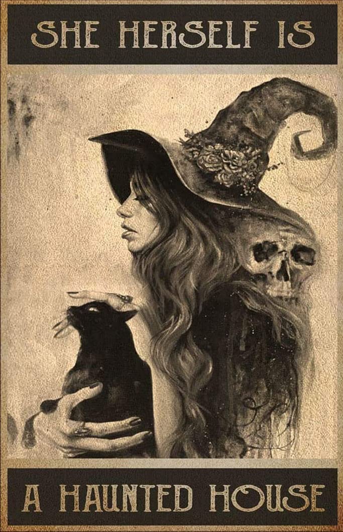 Skull Metal Tin Sign Witch Wall Art Decoration and Black Cat She Herself is A Haunted Vintage Halloween Decorations Indoor, Witchy Room Decor,Halloween Decor 8x12inch