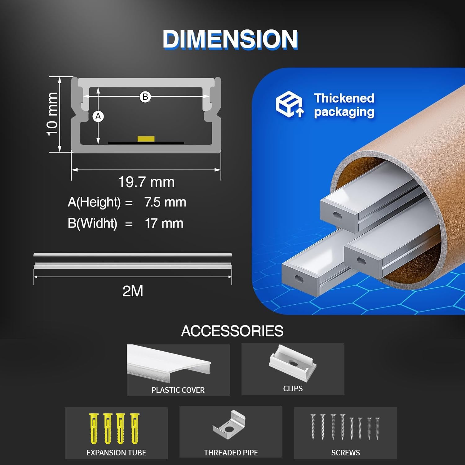 Shine Plus Profil aluminiowy do taśm LED, profil 30 x 2 m LED, profil U z matową pokrywą, maksymalne wymiary 17 mm, wymiary 19,7 mm x 10 mm.