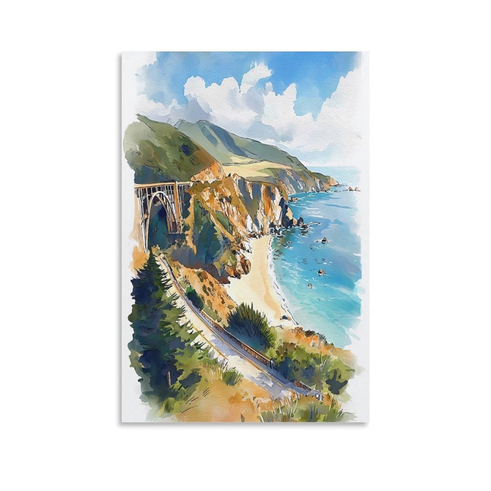 XWYMXZ Big Sur Watercolor Painting California Coast Travel Poster 20x30inch(50x75cm) Vintage Watercolor Canvas Art