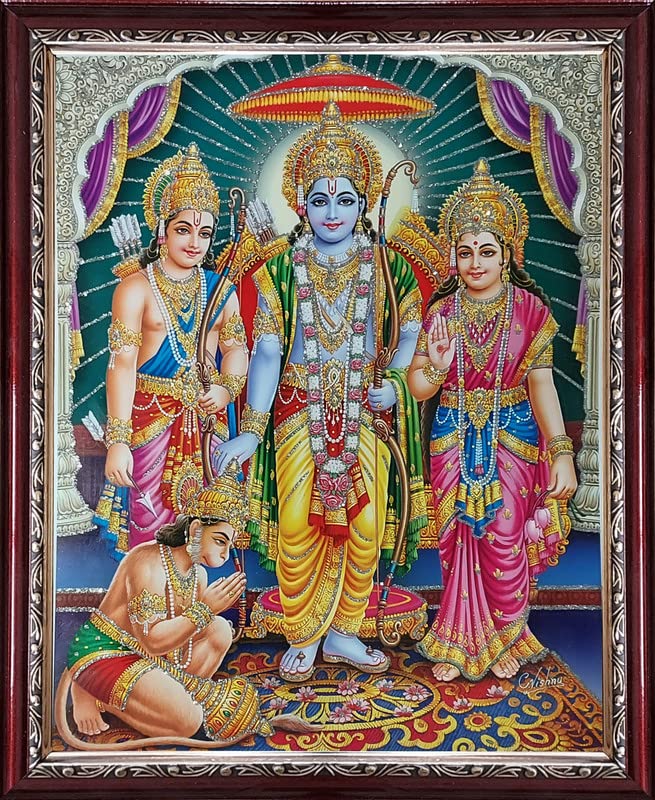 RamDarbar Comprises of LordRam, MaaSita,Laxmanand LordHanuman Photo Frame|Sparkling Shining Print|Brown Frame without Glass|Frame for Living Room,Gift,Temple,Pooja Room,Home Dcor|Size(10 x 12.5)