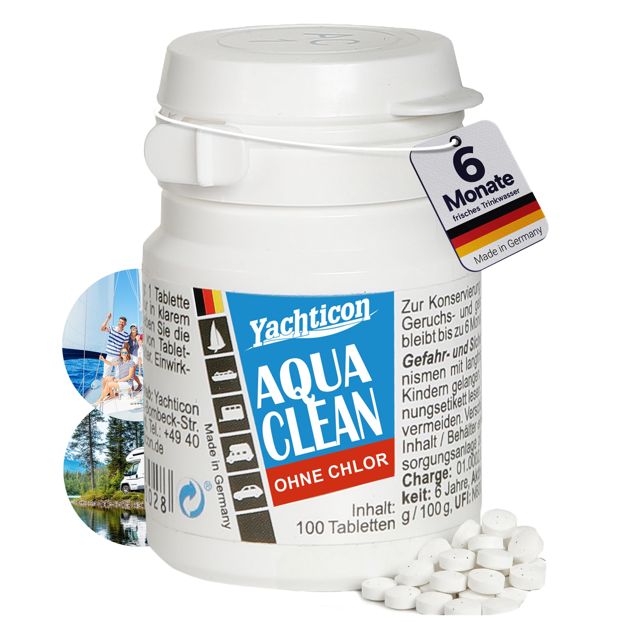 Yachticon Aqua Clean Wasseraufbereitungstabletten ohne Chlor – 100 Tabletten für 100 Liter Trinkwasser | konserviert Wasser in Kanistern & Tanks für Camping, Outdoor, Prepper & Notfallvorsorge | AC 1