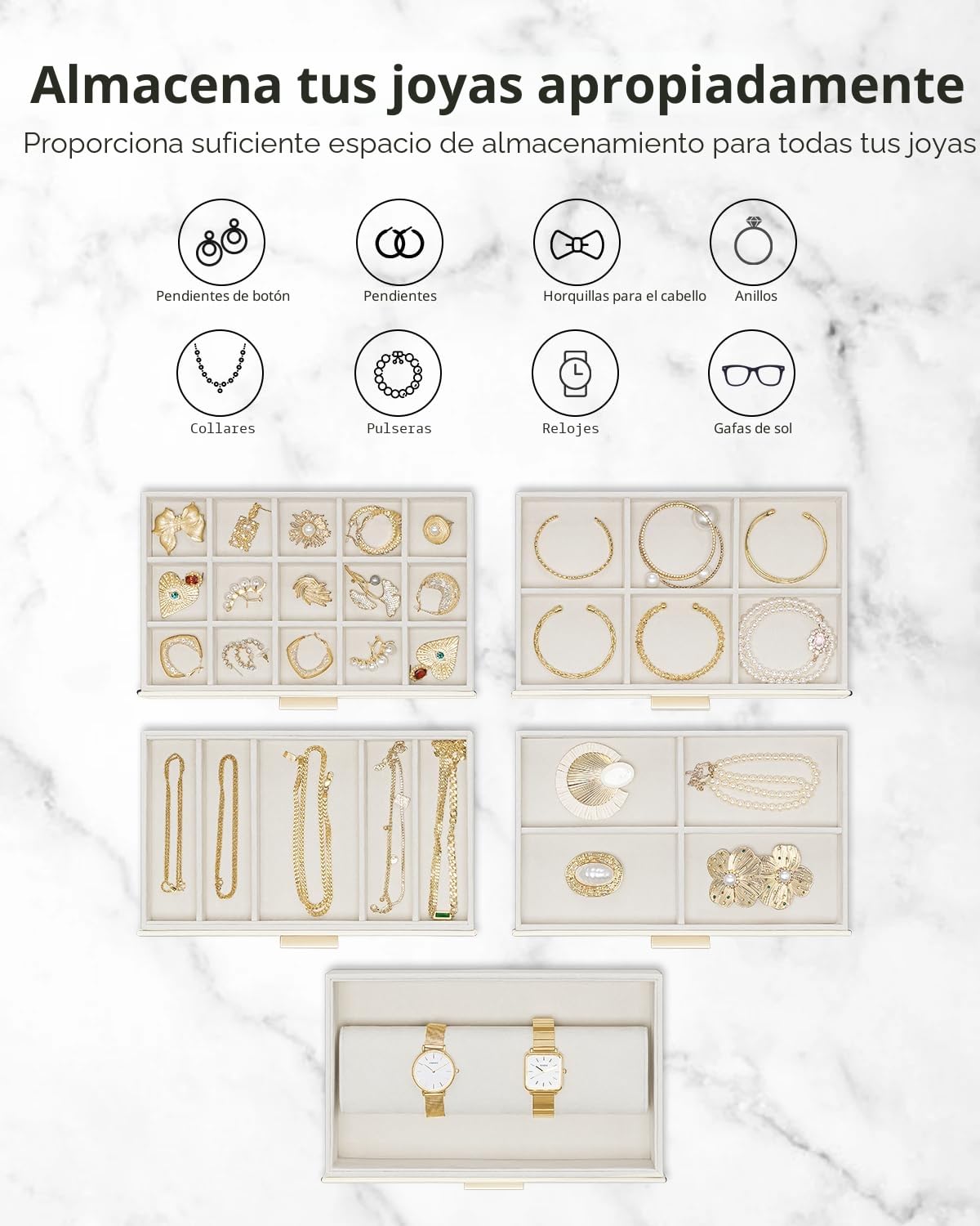 Vlando - Joyero grande de 6 capas, organizador para cajón, collar, anillo y reloj