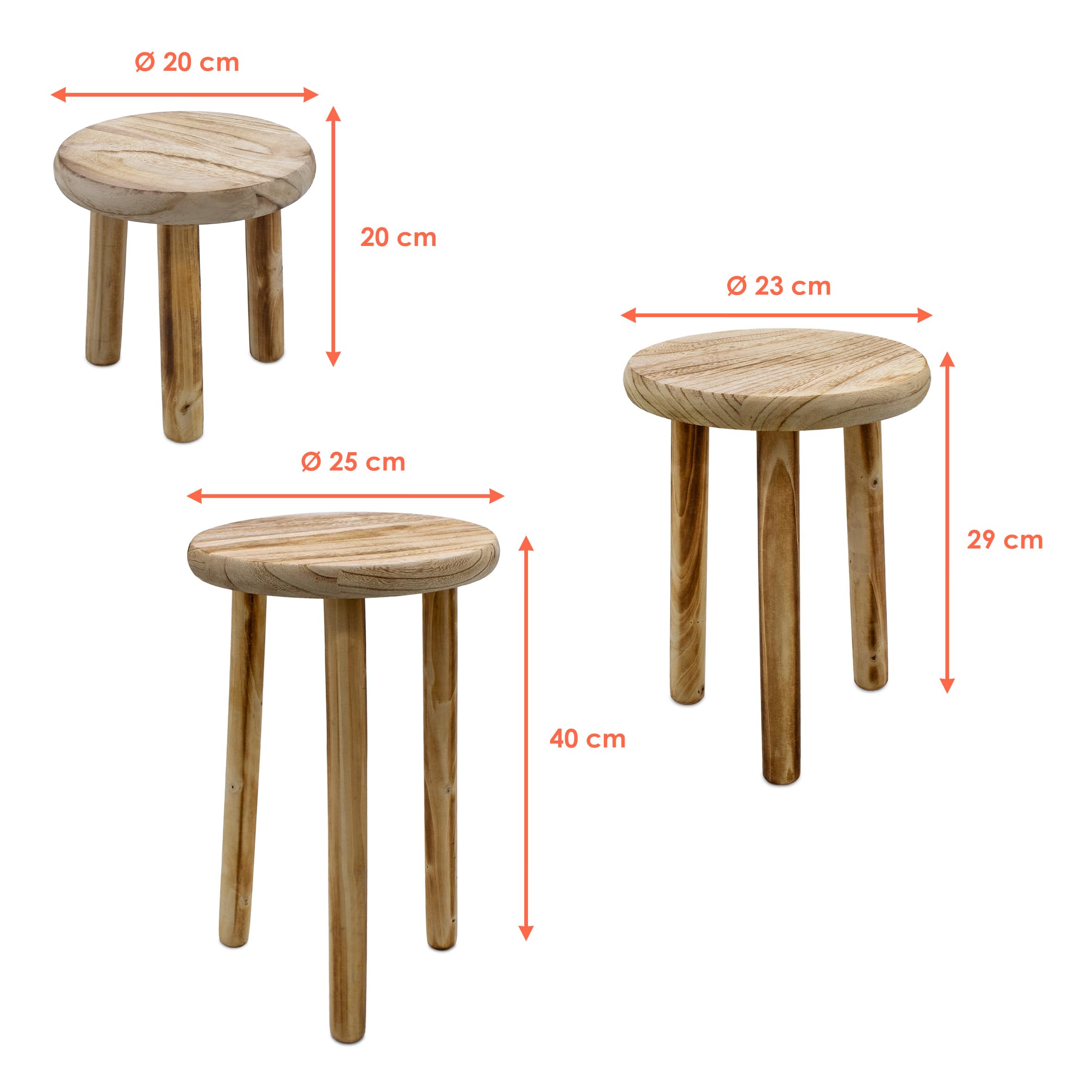 Set di 3 sgabelli in legno con 3 gambe fiammate, 20 / 23 / 25 cm, in legno massello decorativo, rotondi, piccoli in look usato, per piante da appartamento