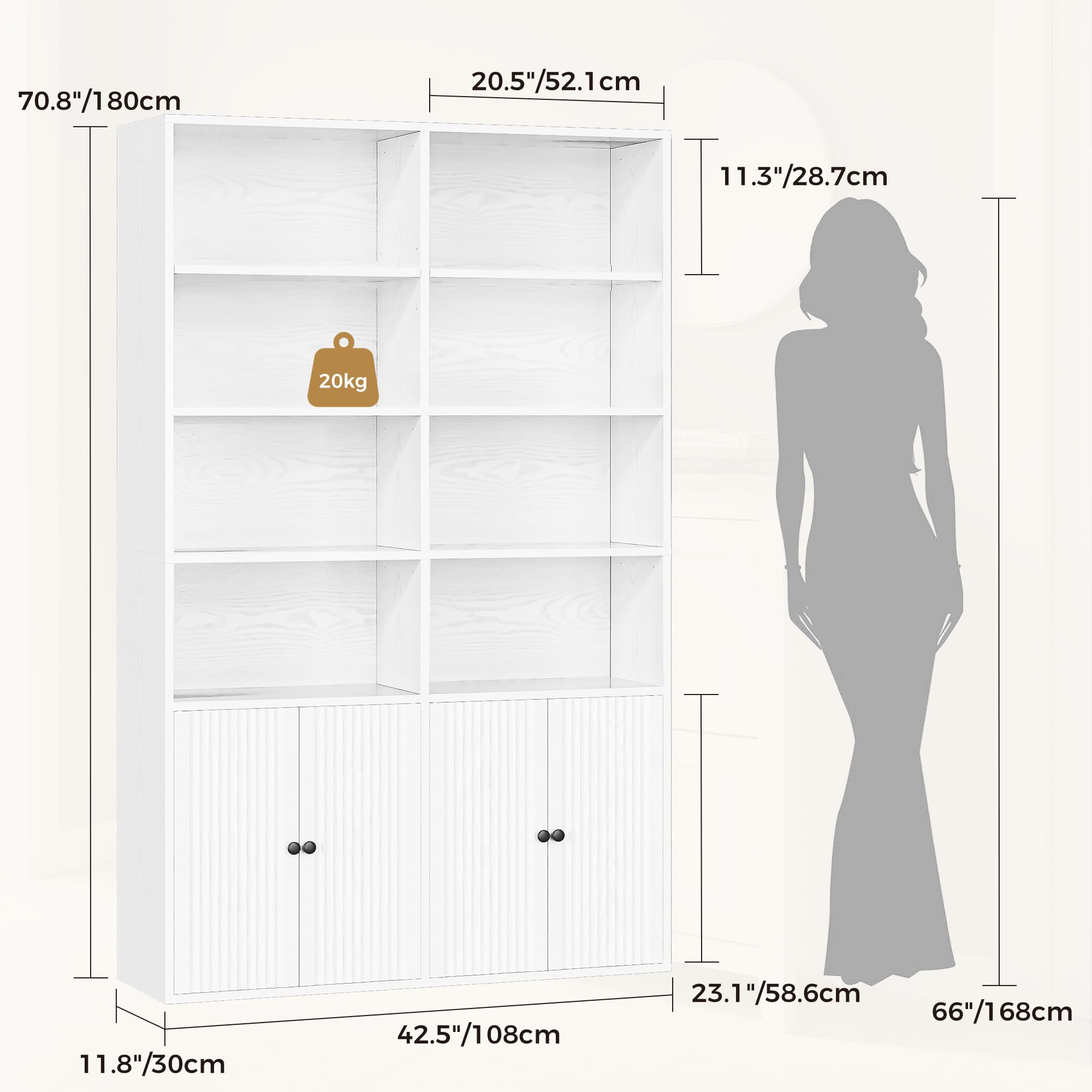 IRONCK Bücherregal mit Türen, Regal Holz mit 6 Ebenen 12 Fächern, Bücherschrank Hochschrank Vitrinenschrank, Einstellbare Regalböden, Standregal für Wohnzimmer Büro Schlafzimmer 108×30×180cm (Weiß)