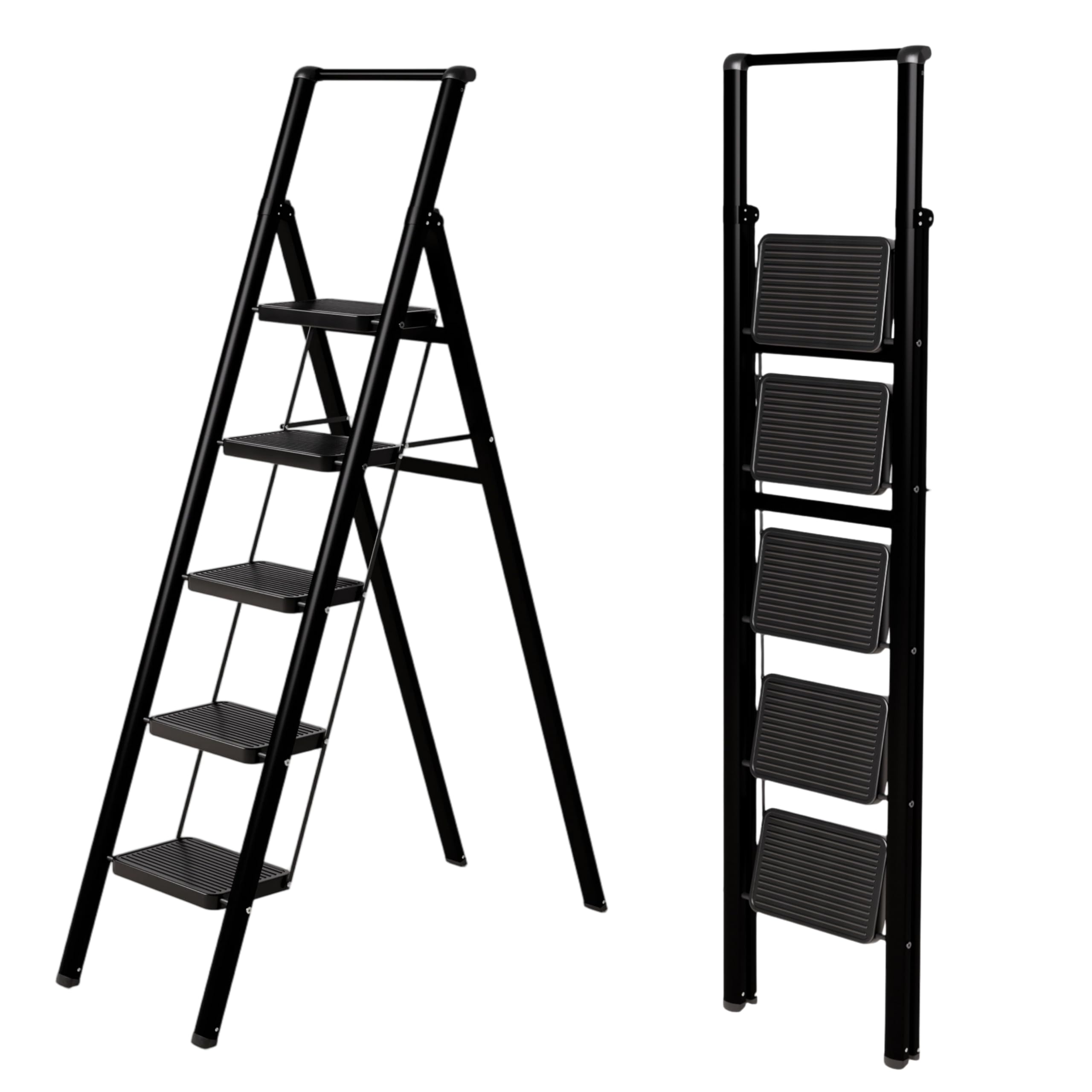 Folding Ladder 5 Steps, Black, Sturdy and Compact, 5 cm, Wide Non-Slip Steps, EN 131 Certified, 150 kg
