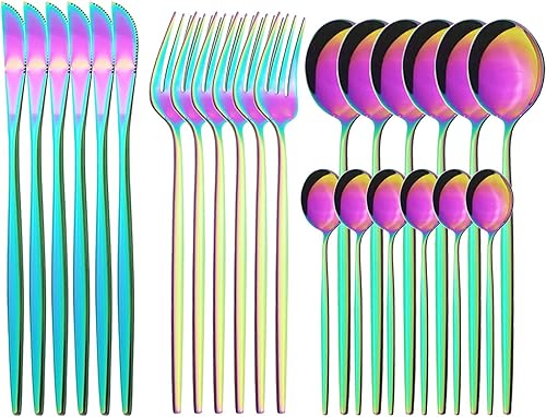 Miniatura 15 de Juego de cubiertos de espejo, 24 piezas de cubiertos de acero inoxidable 18/0 con mango verde menta, vajilla simple y moderna para cena de fiesta