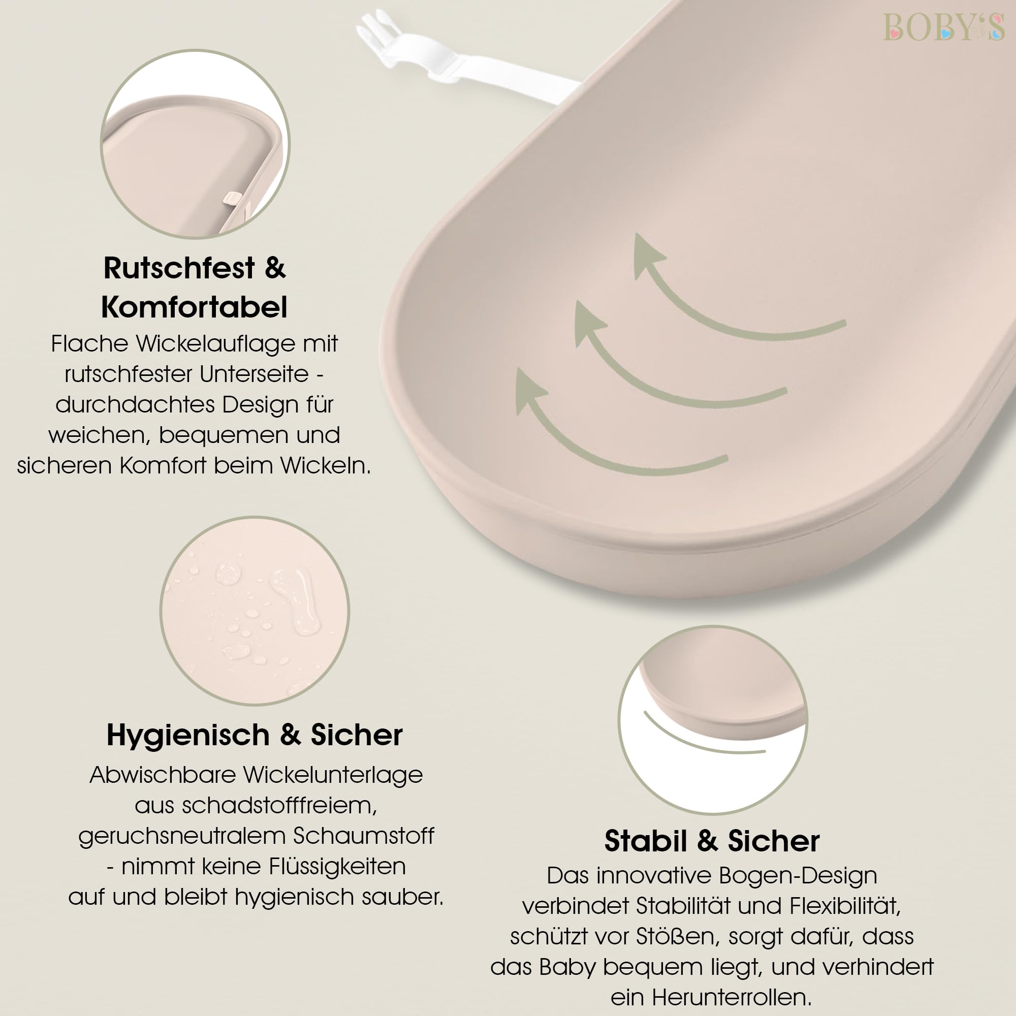 BOBY’S Wickelauflage Baby aus PU-Schaum mit Sicherheitsgurt – rutschfest & abwaschbar, Anti-Roll Design, für Wickeltisch & Kommode, hygienisch, ca. 72,5 × 35,8 cm