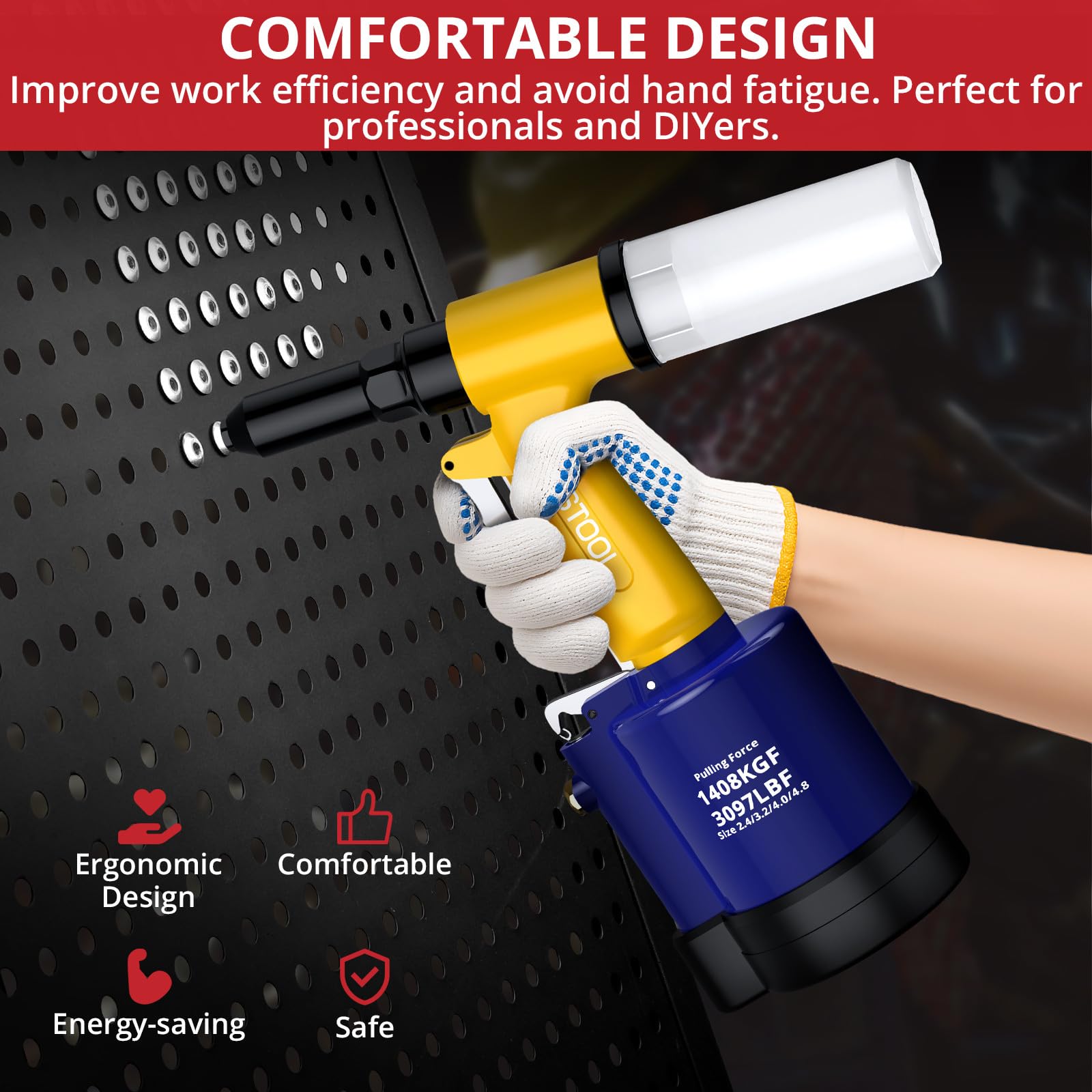 JUSTOOL Pneumatic Air Hydraulic Riveter 2.4-4.8mm 3/16" 3/32" 1/8" 5/32" Capacity 1408KGF Pulling Force Pop Riveter Air Rivet Gun for DIY Automotive Use - Image 4