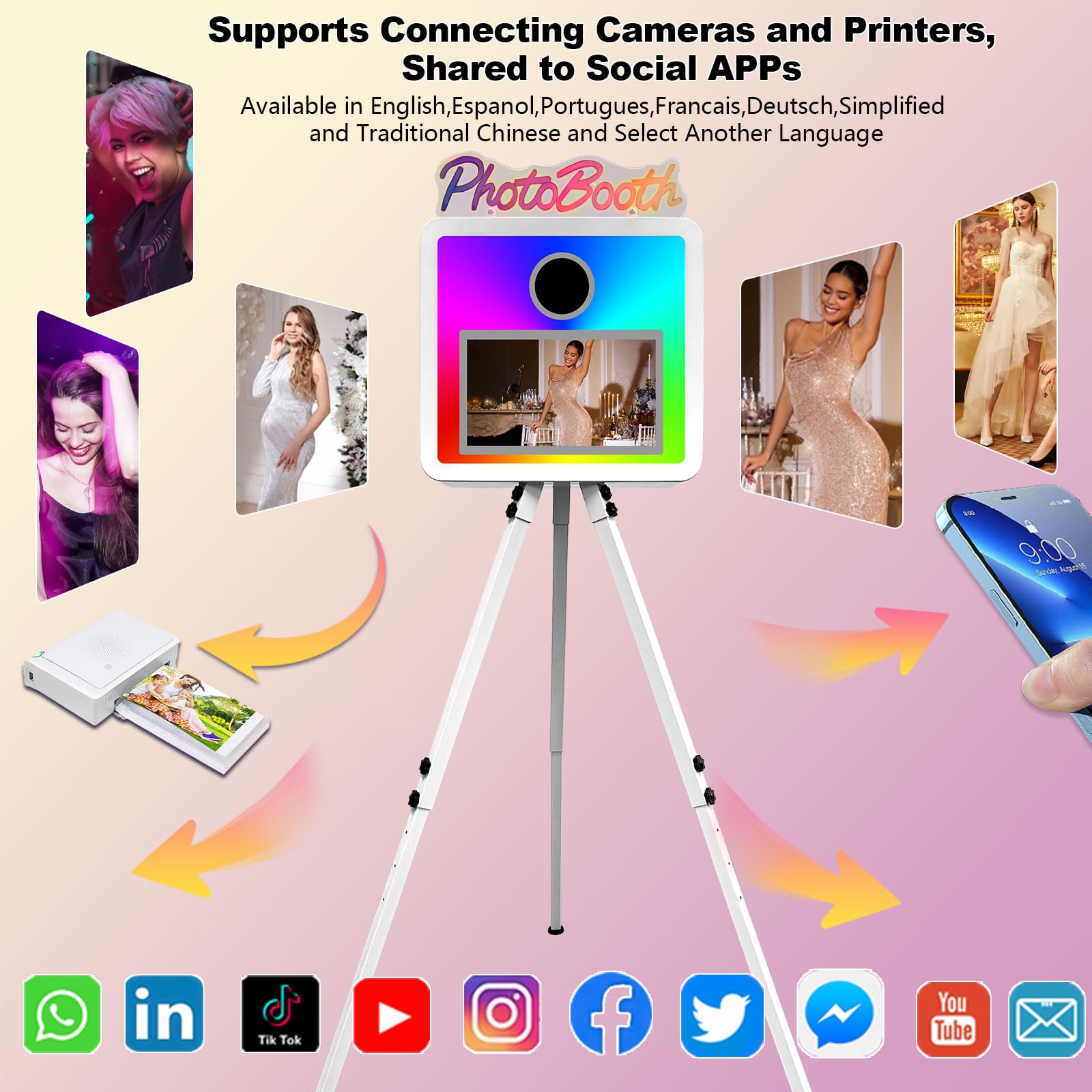 Lampa RGB "PhotoBooth" z ekranem dotykowym 15,6 cala do selfie DSLR, fotobudka, przenośna fotobudka, wbudowany mini komputer do wynajęcia imprez weselnych (biała, fotobudka)