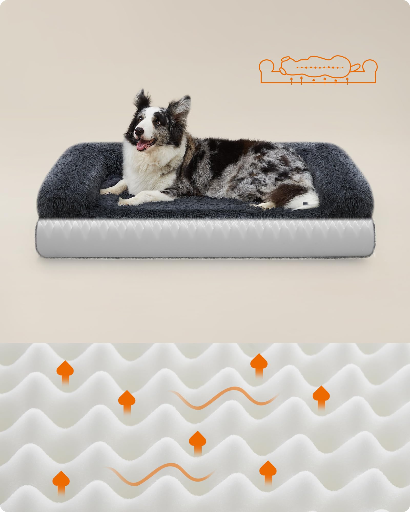 Feandrea FluffyHug Cuccia per Cani, Taglia XL, Divano Letto per Cani di Taglia Media e Grande, di Gommapiuma Ondulata, Copertura Lavabile Sfoderabile, 106 x 80 x 23 cm, Grigio Scuro PGW233G02
