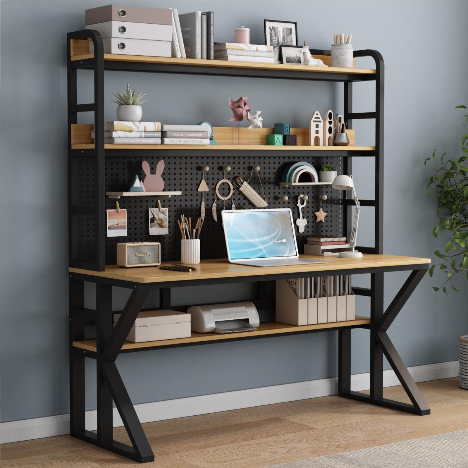 Desk Bookshelf - Office Desk Workbench Storage Rack, Computer Desk With Storage Shelves & Pegboard, Solid Wood Writing Desk Large Study Writing