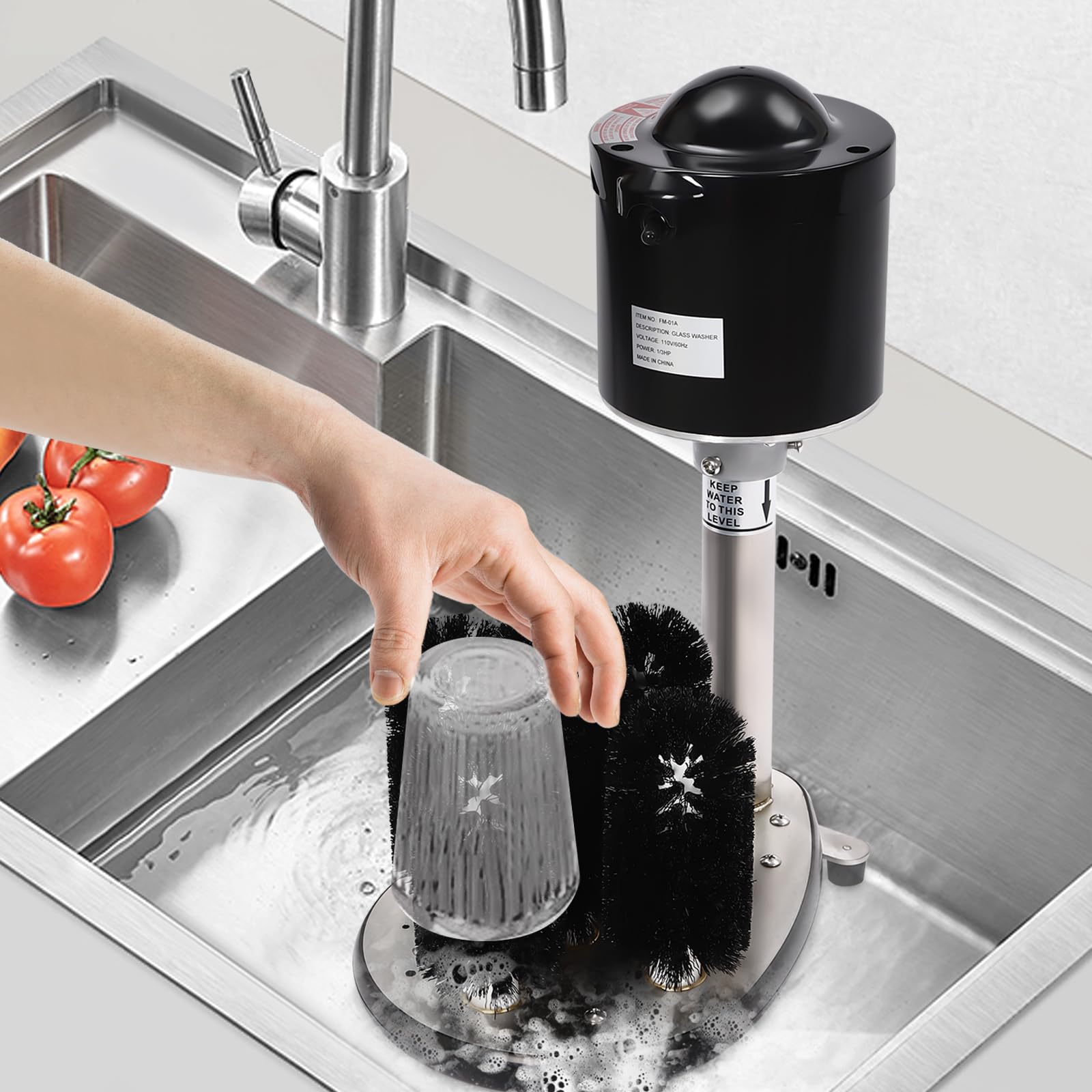 Electric Commercial Glass Washer, 110V 5-Brush Upright Electric Glass Cup Washer Machine Wine Glass Cleaning Machine Bar Glass Washer, 800 Cups/H Submersible Glass Washer for Bars Cafes (Black+Silver)