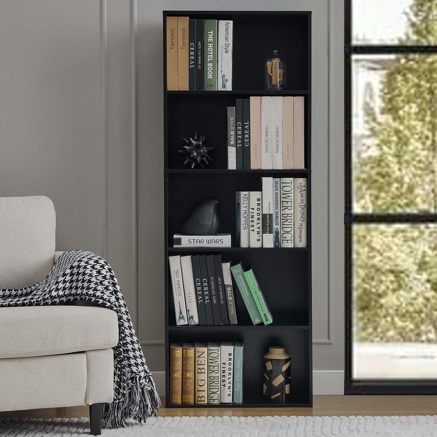 Puntogen Black Wooden Book Shelf, 59.7" Tall Narrow Bookshelf with Open Storage Shelf, 5-Tier Open Shelf Bookcase for Office, Living Room