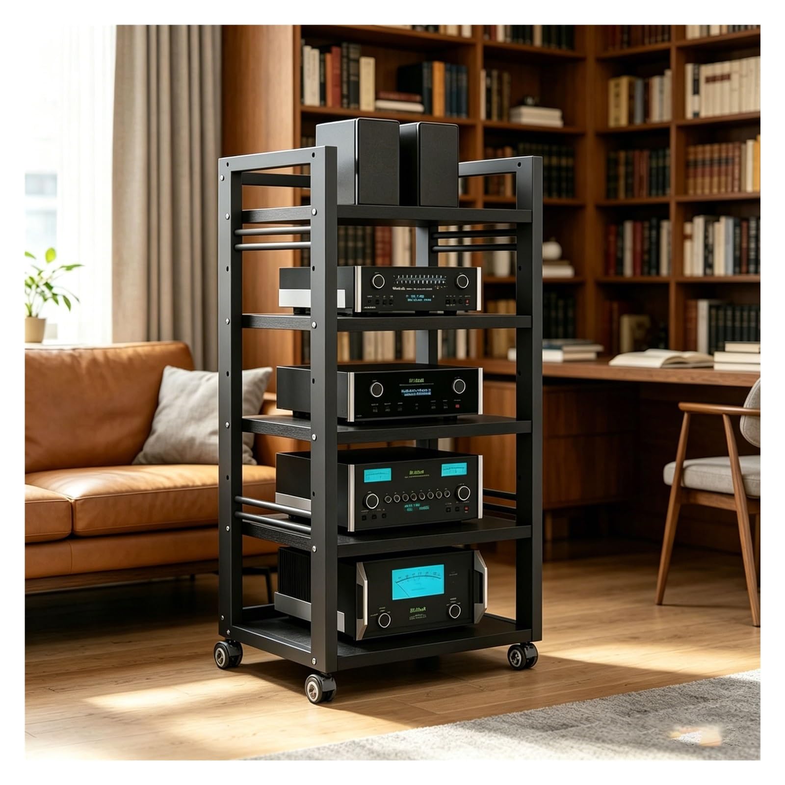 5 Ripiani Media Stand, Scaffale Per Componenti Stereo Di Intrattenimento, Con Ripiano Regolabile In Altezza E Ruote, Supporto Per Giradischi DVD, Per La Casa, L'ufficio(Nero)